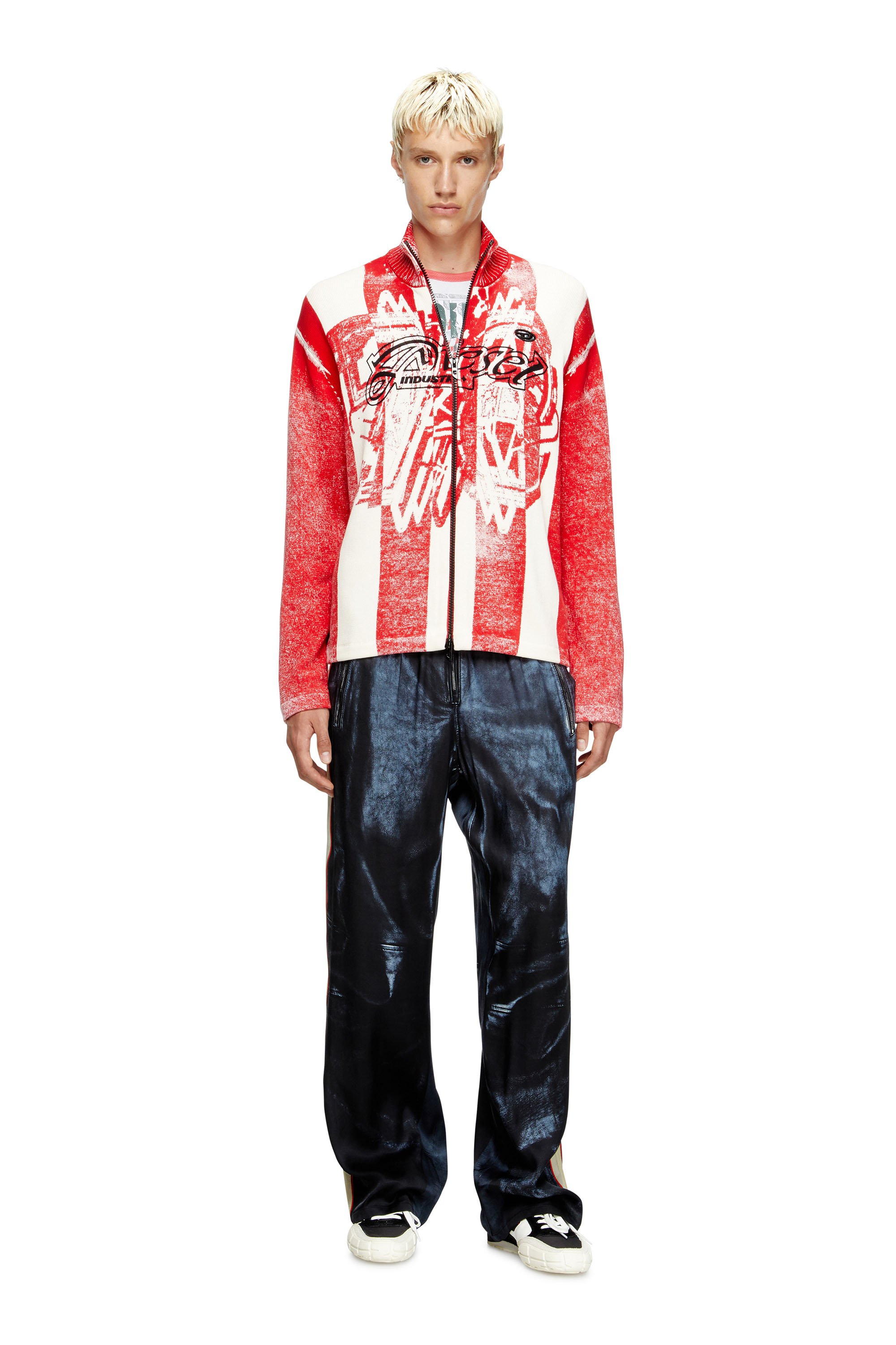 Diesel - K-OLIBA-JKT, Male's Inside-print striped zipped cardigan in レッド/ホワイト - 2