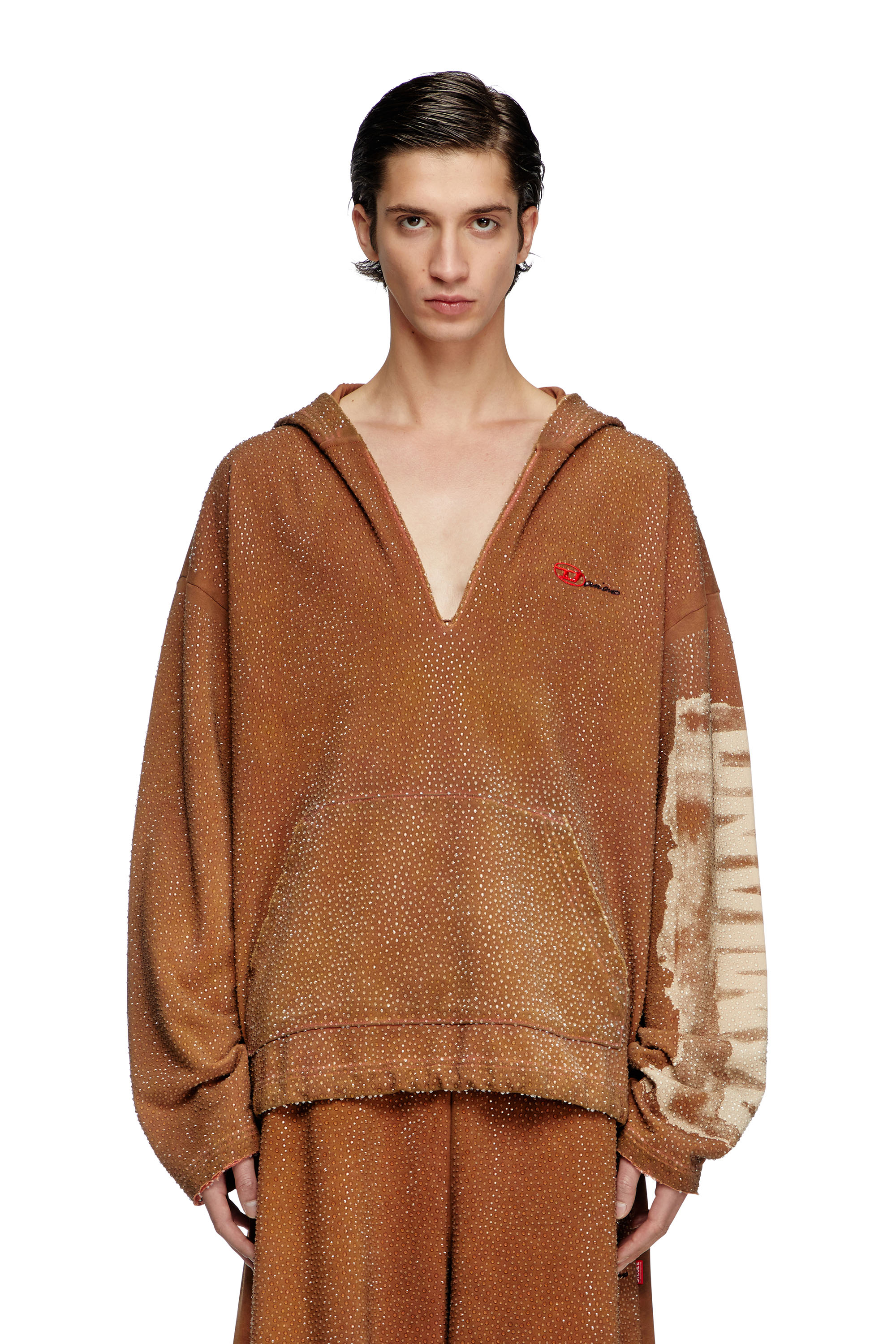 Diesel - S-BOXT-HOOD-LUX-DD, Unisex's Treated V-neck hoodie with crystals in ブラウン - 1