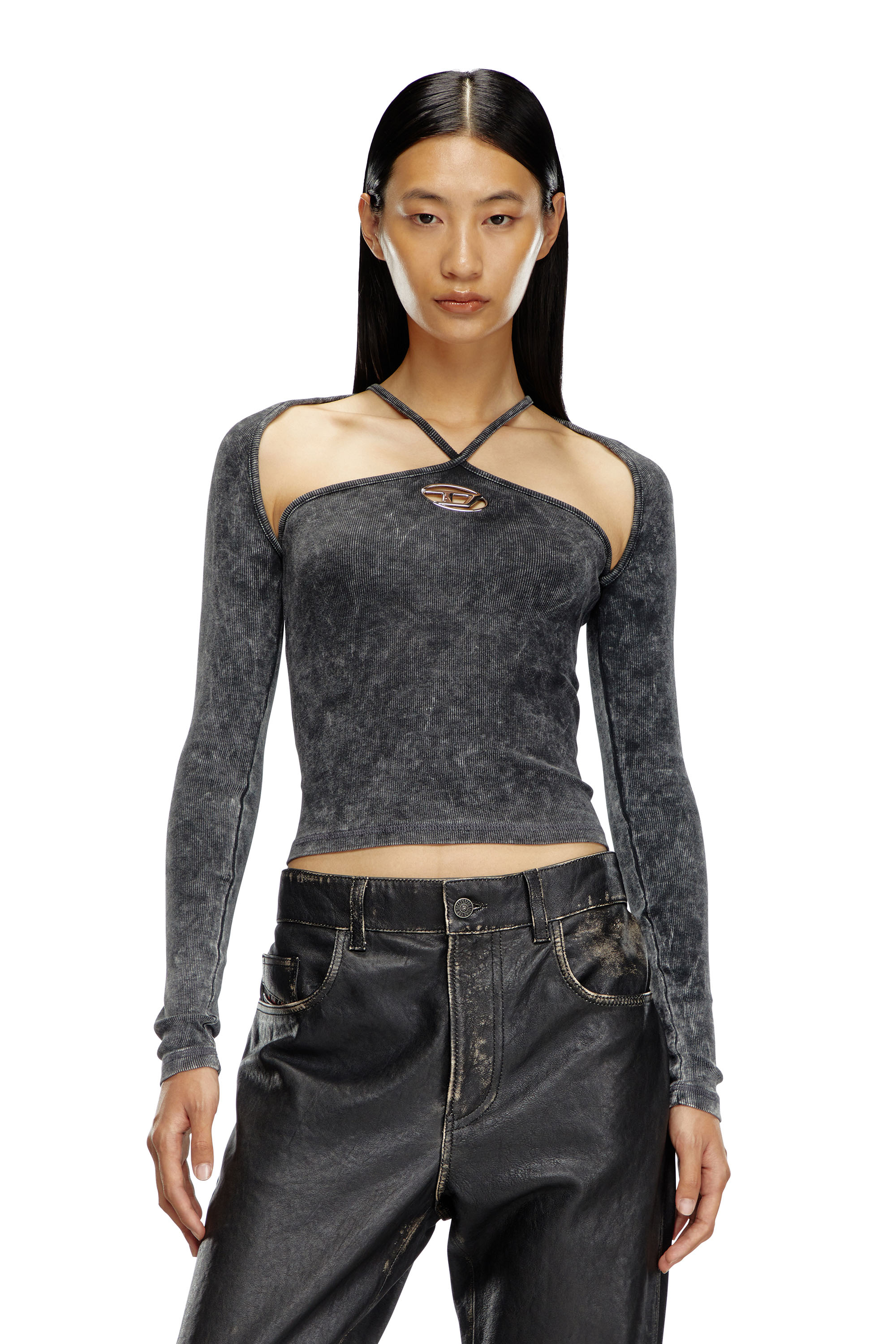 Diesel - T-MARINEL, Female's Ribbed long-sleeve top with cross-over straps in ブラック - 1