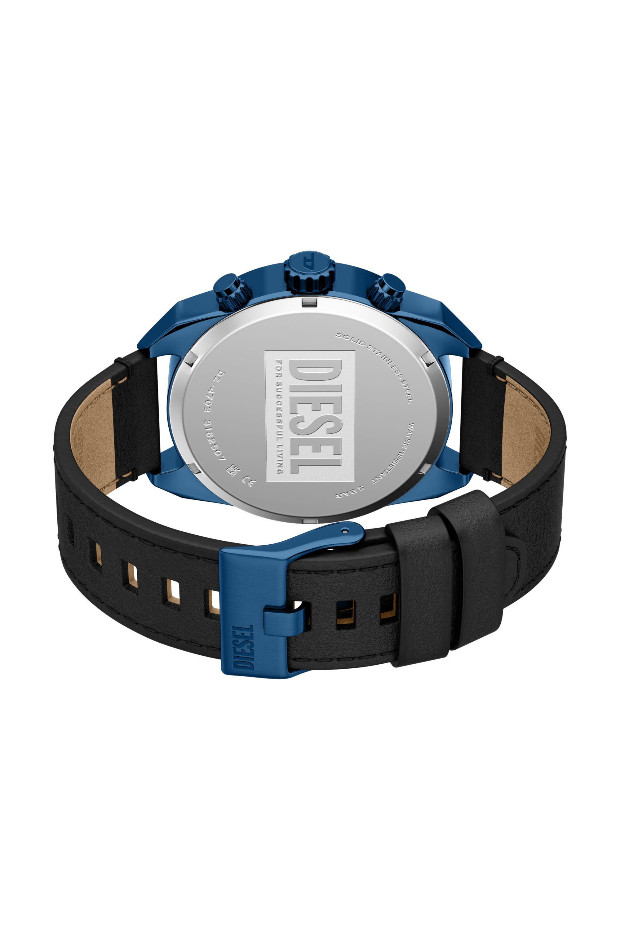Diesel - DZ4703 WATCH, Male's Spiked Chronograph Black Leather Watch in ブラック/ブルー - 5