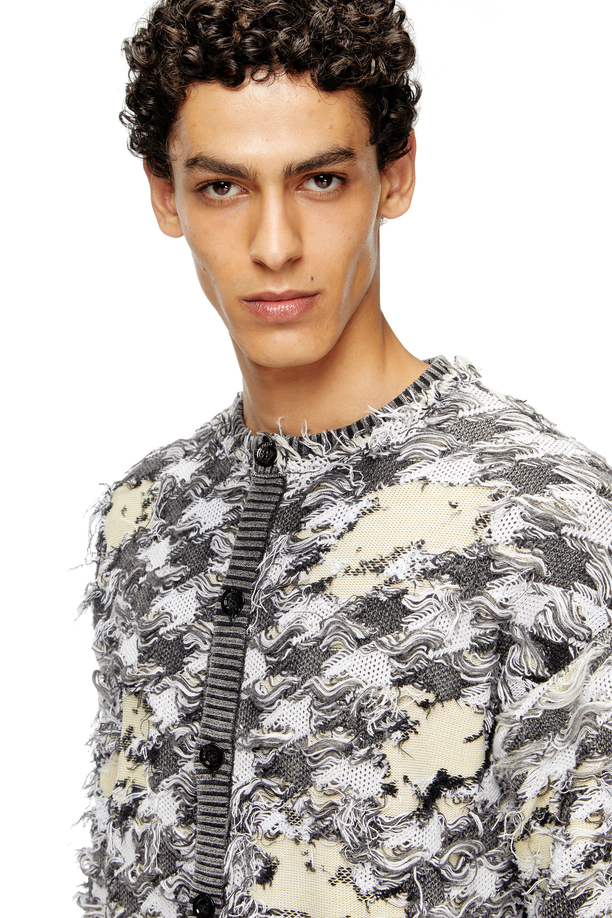 Diesel - K-VALBOR, Male's Cardigan in devor&eacute; houndstooth jacquard in ベージュ/グレー - 4