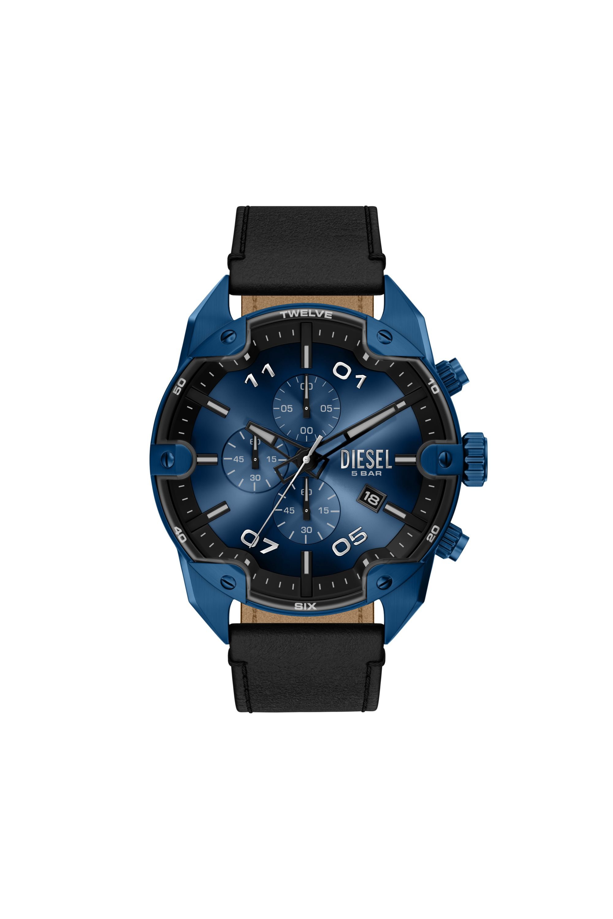 Diesel - DZ4703 WATCH, Male's Spiked Chronograph Black Leather Watch in ブラック/ブルー - 1