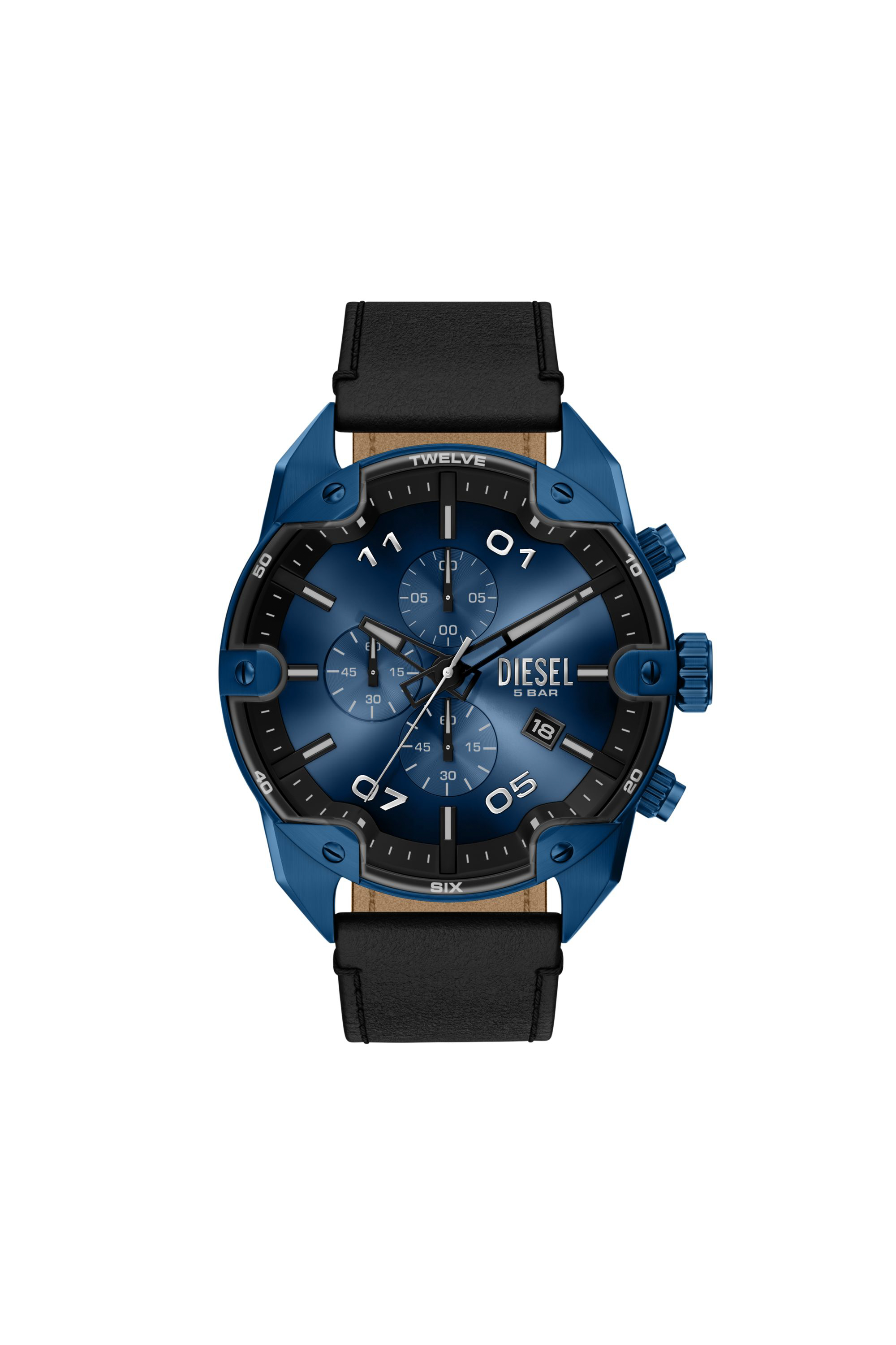 Diesel - DZ4703 WATCH, Male's Spiked Chronograph Black Leather Watch in ブラック/ブルー - 1