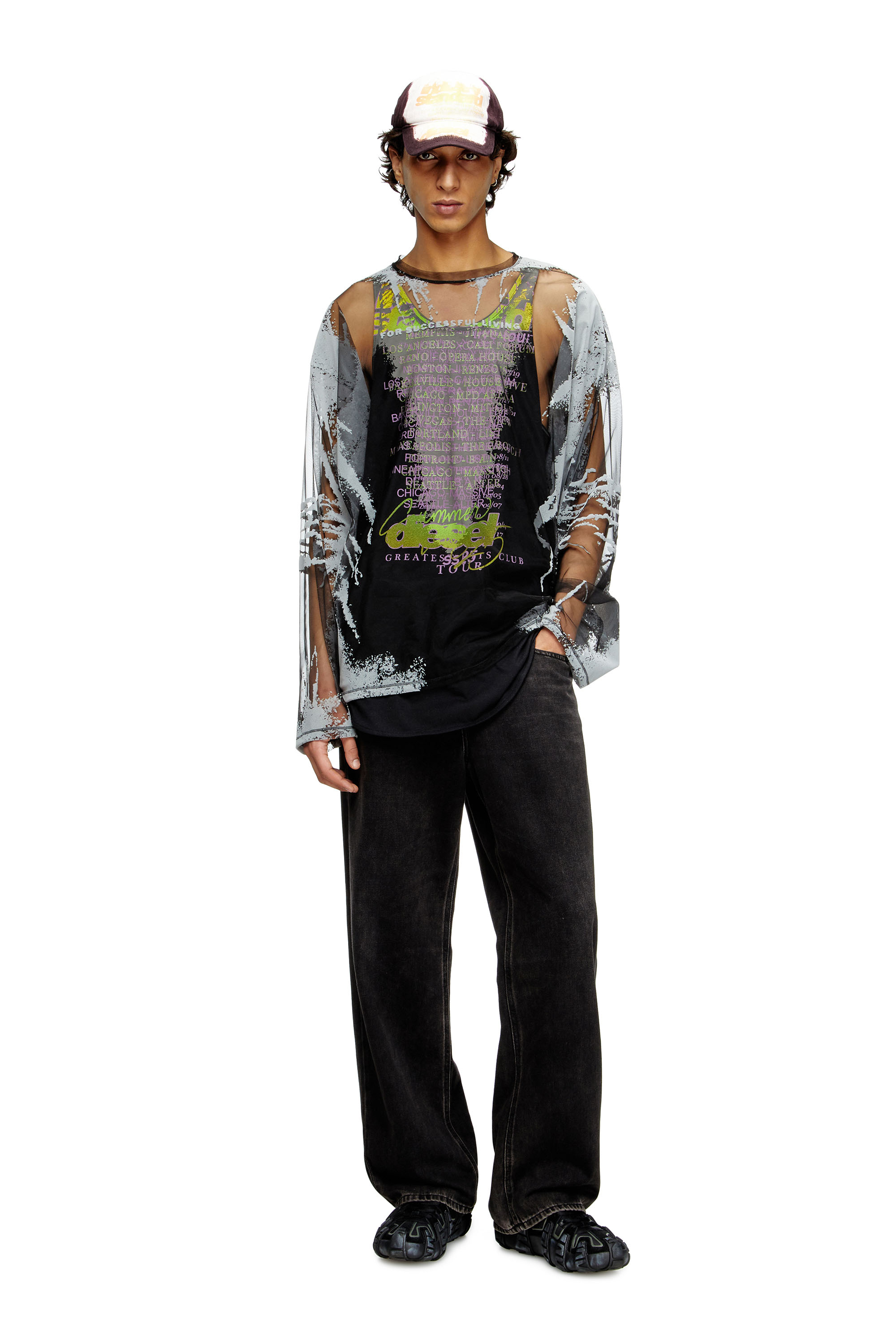 Diesel - T-HASSAN-LS-A, Unisex's Long-sleeve nylon T-shirt with lyrics print in ブラック - 1