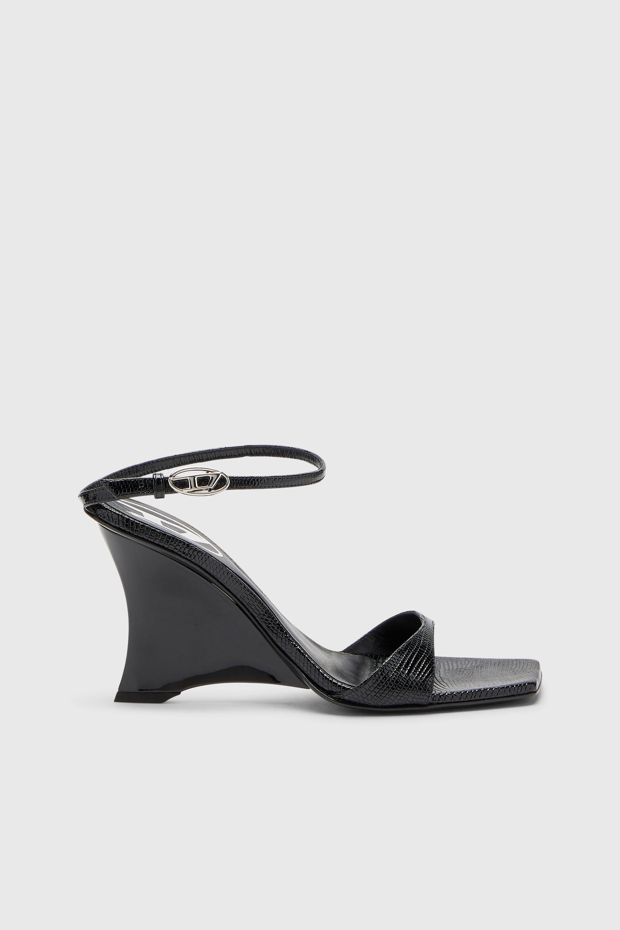 Diesel - D-AMBER SANDAL WEDGE, Female's D-Amber-Wedge sandals in lizard-effect leather in ブラック - 1