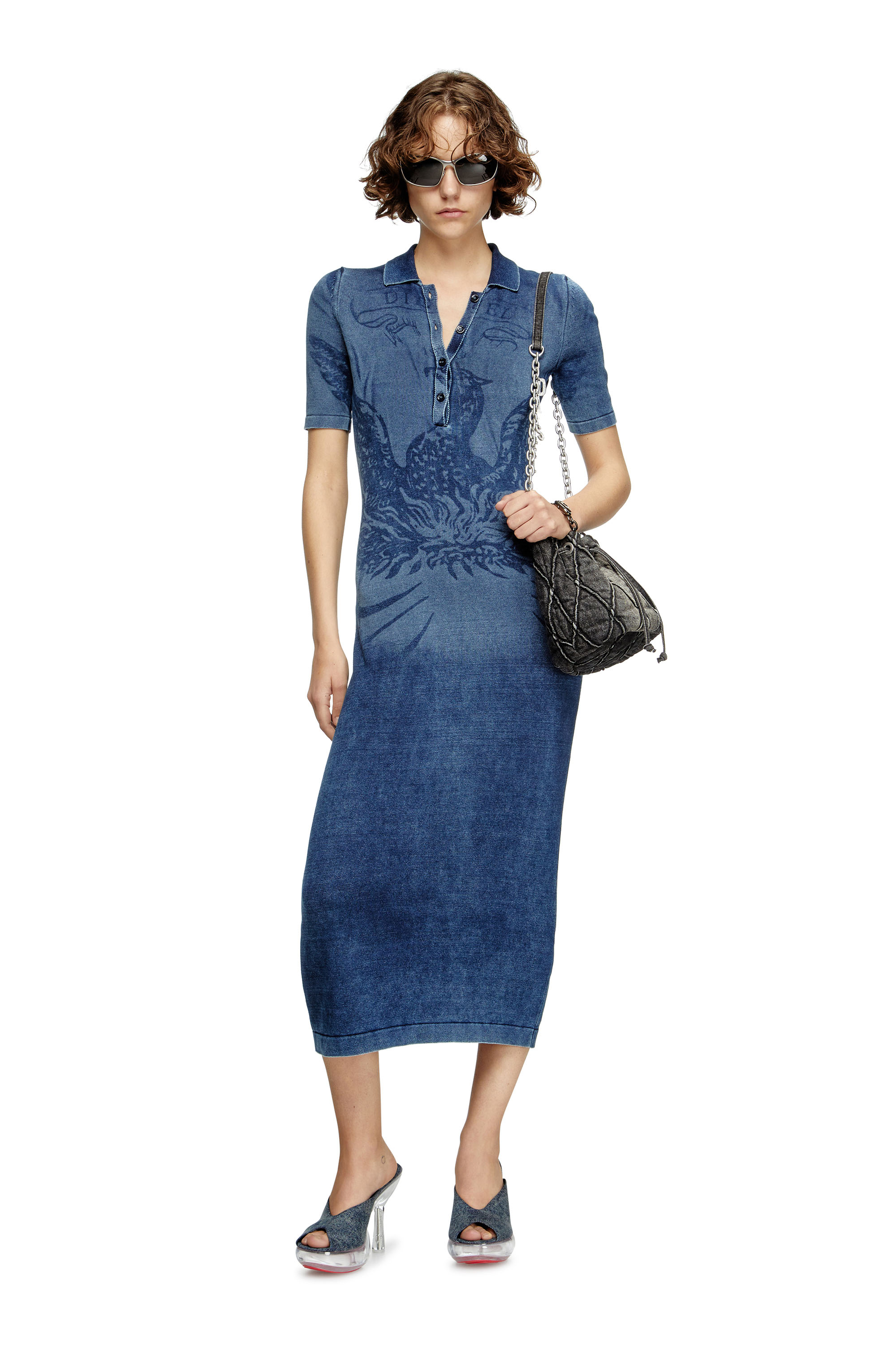 Diesel - M-FENNY-DRS, Female's Polo midi dress in denim-effect knit in ミディアムブルー - 1