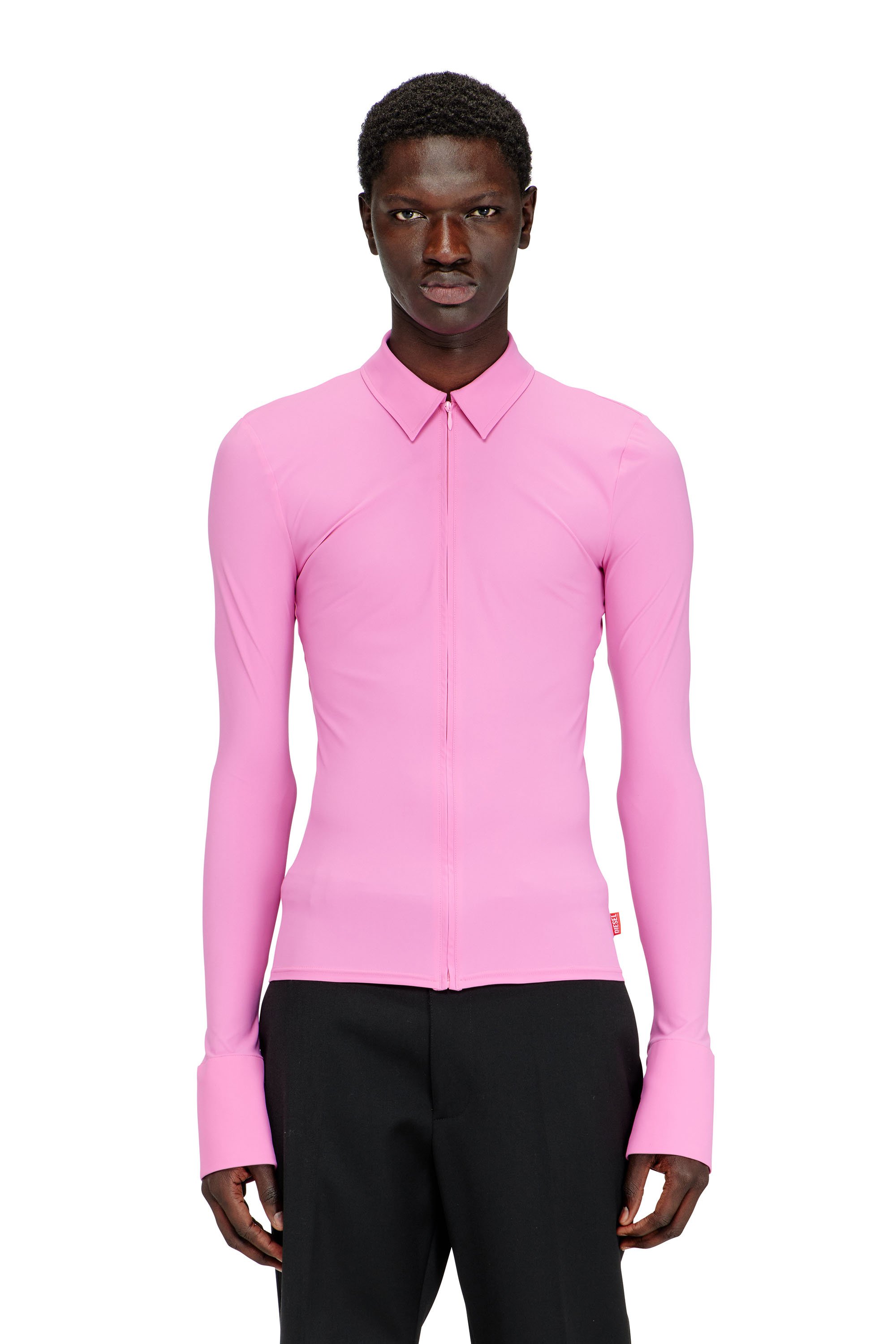 Diesel - S-LOKID, Male's Second-skin zip shirt in Lycra in ピンク / ホワイト - 1