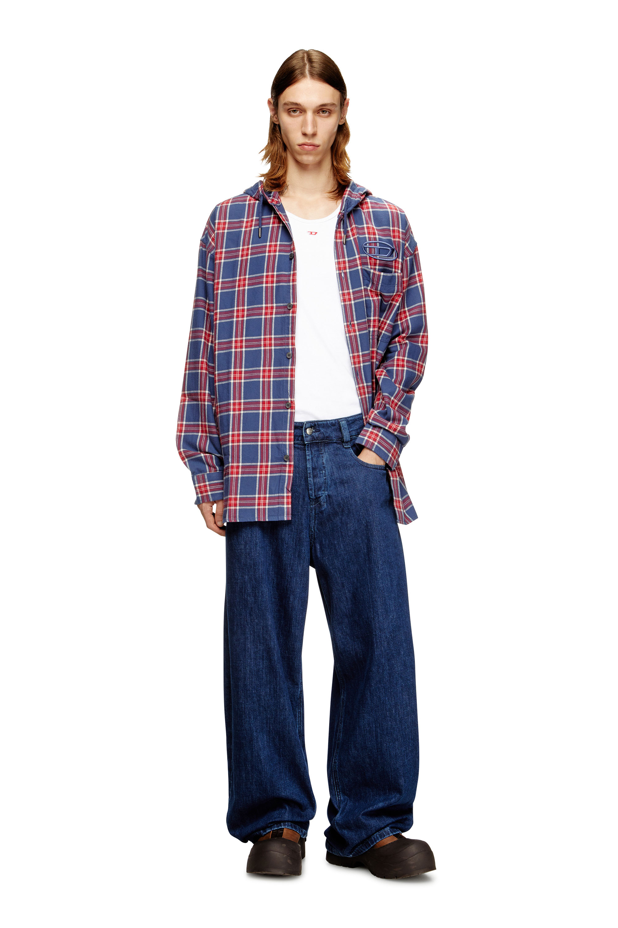 Diesel - S-DEWNY-HOOD-AJFI, Male's フード付きシャツ in ブルー/レッド - 1