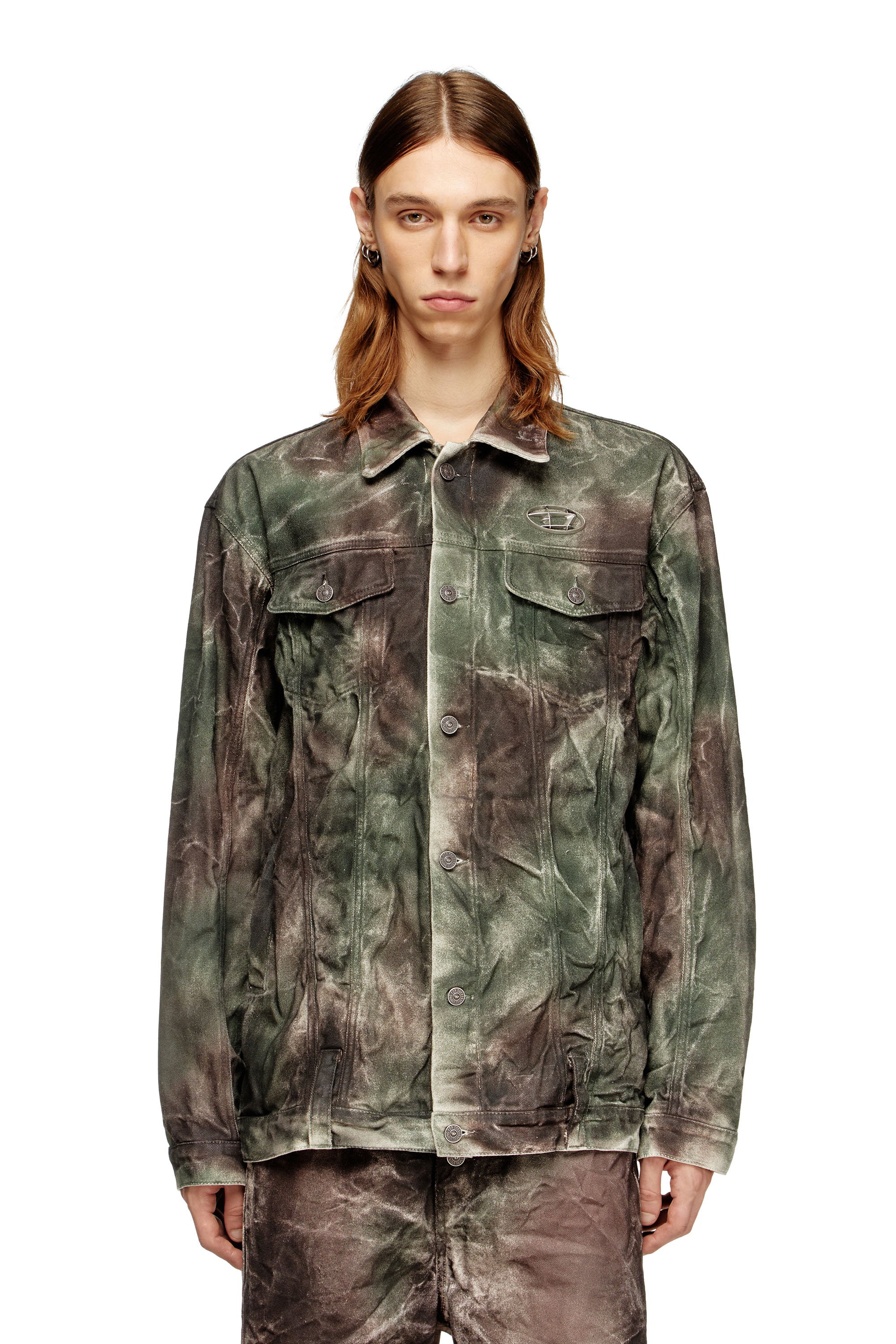 Diesel - J-THUG-JKT, Unisex's Trucker jacket in crinkled camo canvas in ブラウン/グリーン - 2