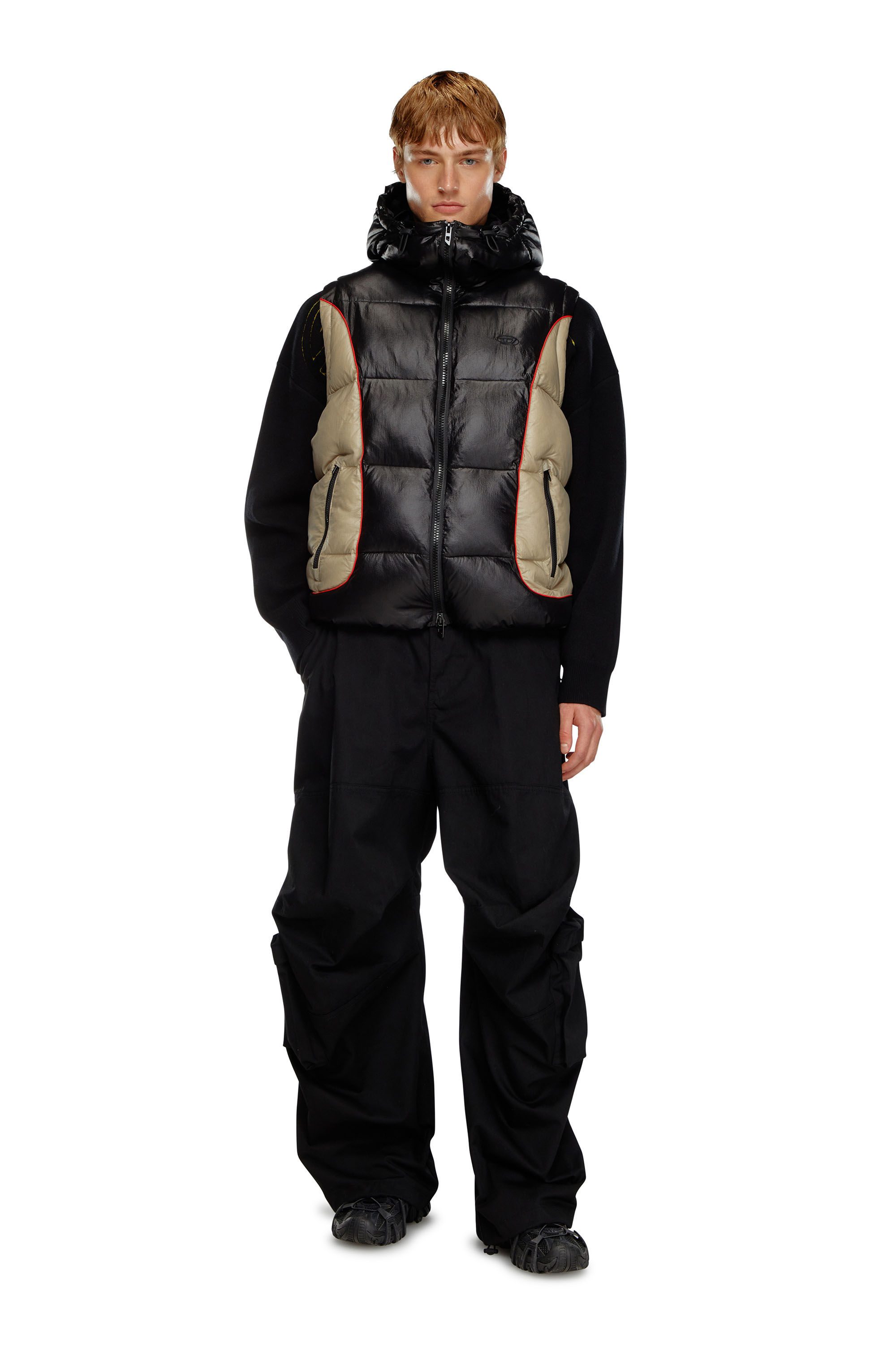 Diesel - W-OSTEND-SL, Male's Hooded puffer vest in shiny ripstop in ブラック/ベージュ - 1