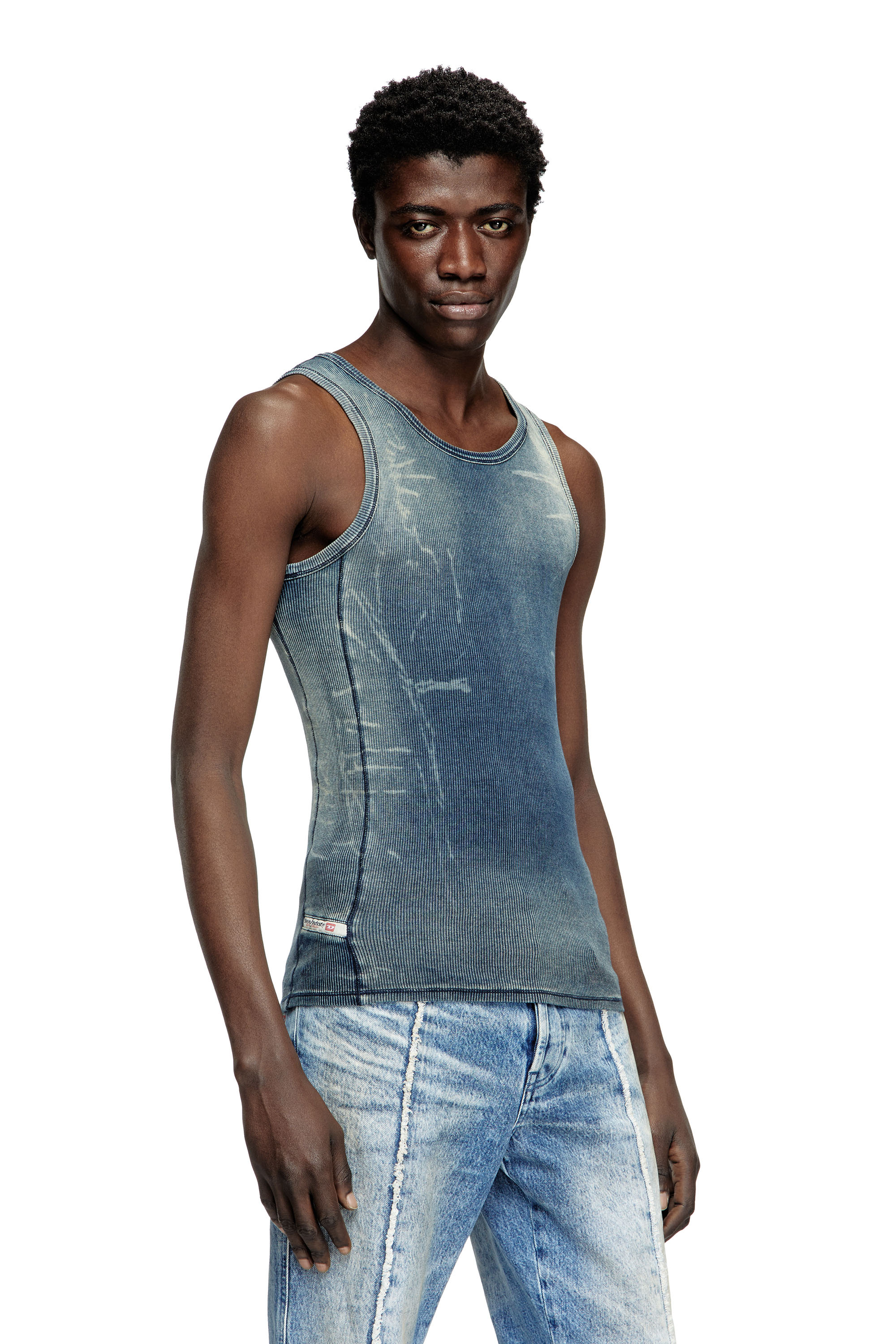 Diesel - T-GO, Unisex's Ribbed tank top with denim trompe l'oeil in ダークブルー - 3