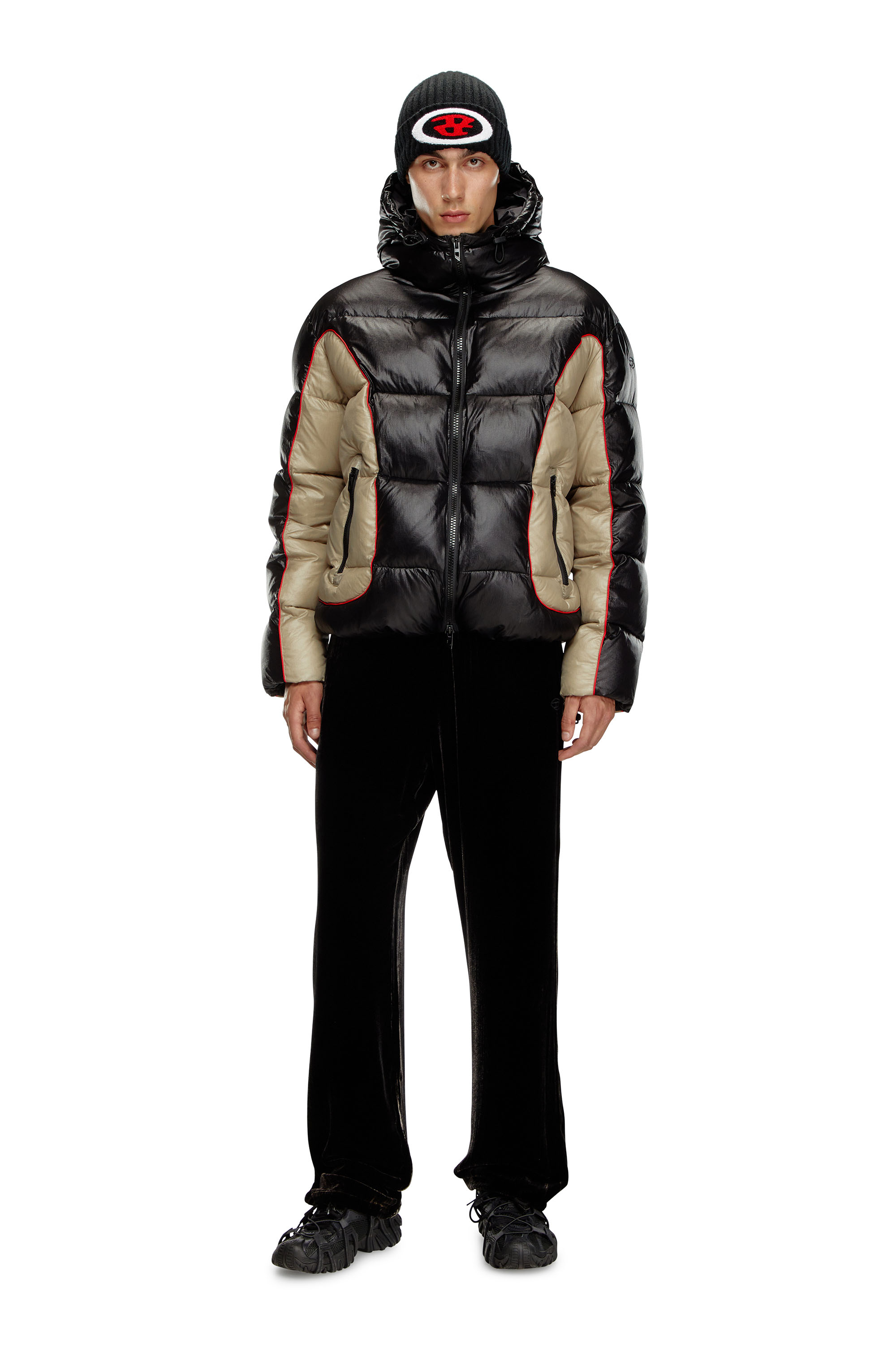 Diesel - W-OSTEND, Male's Hooded puffer jacket in shiny ripstop in ブラック/ベージュ - 1