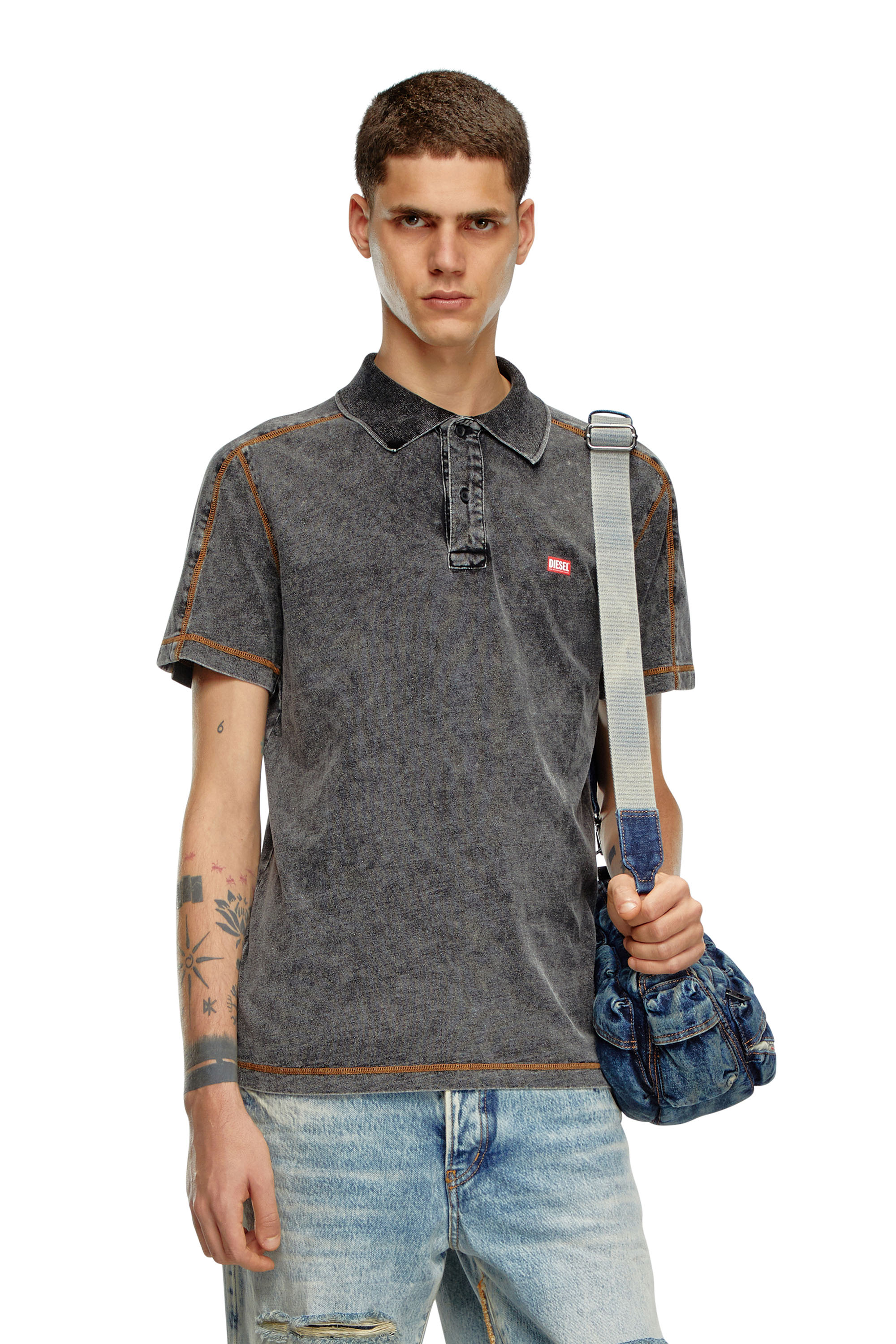 Diesel - T-SWIND, Male's Polo shirt in denim-effect jersey in ダークグレー - 3