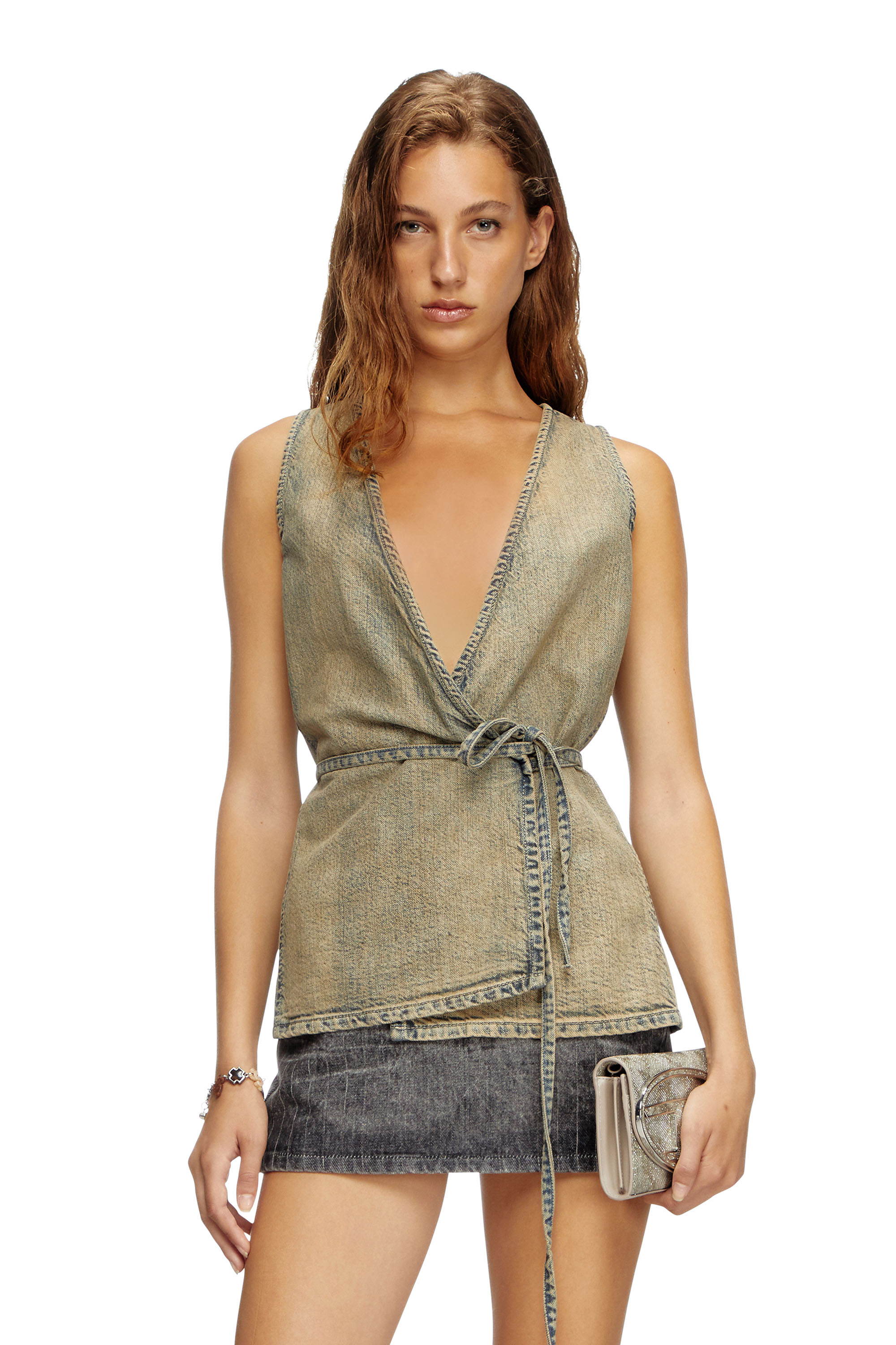 Diesel - DE-VERN, Female's Wrap top in gold-brush denim in ミディアムブルー - 1