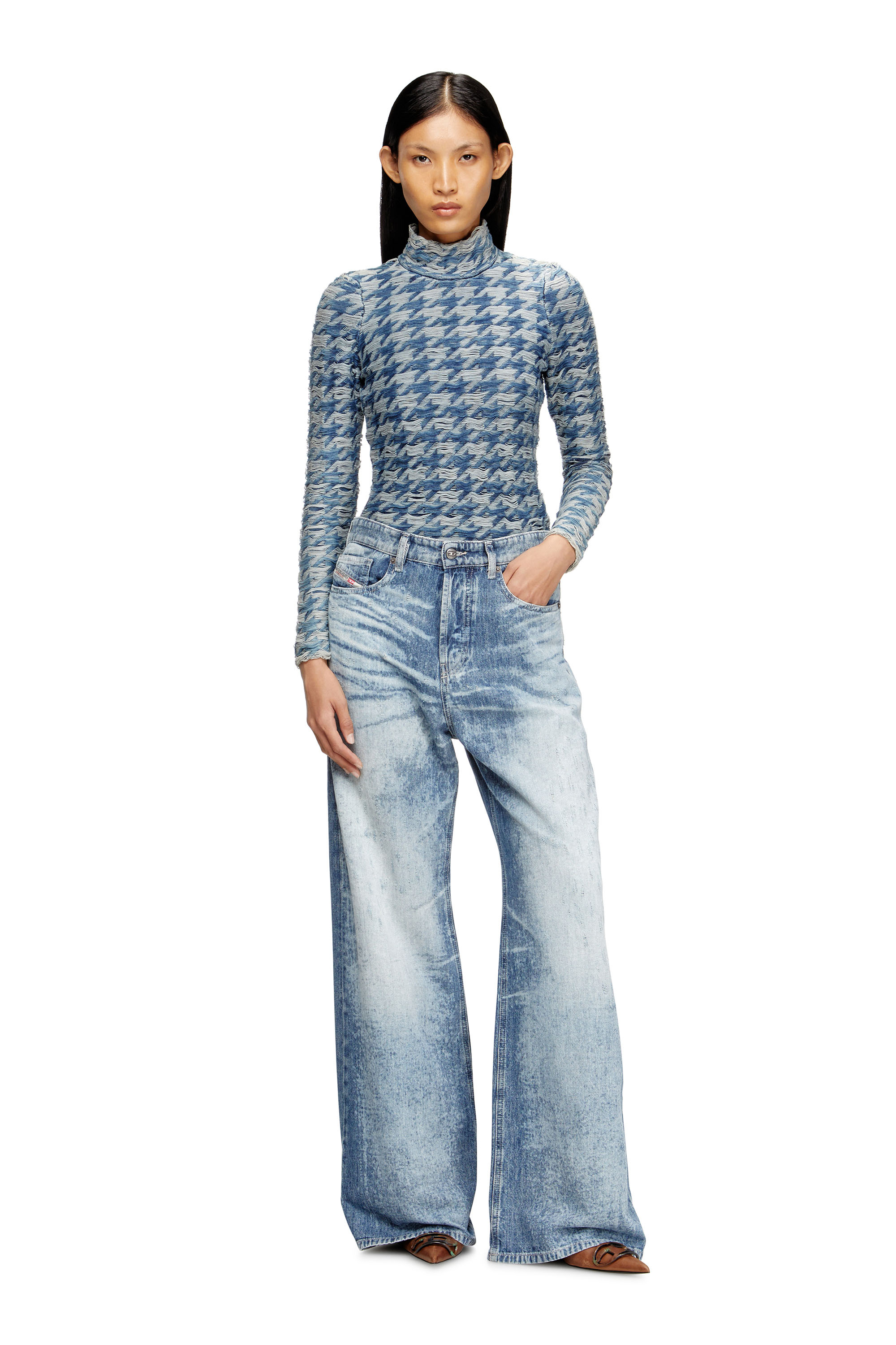 Diesel - M-HILDA, Female's Turtleneck in denim-look houndstooth jacquard in ブルー/グレー - 1