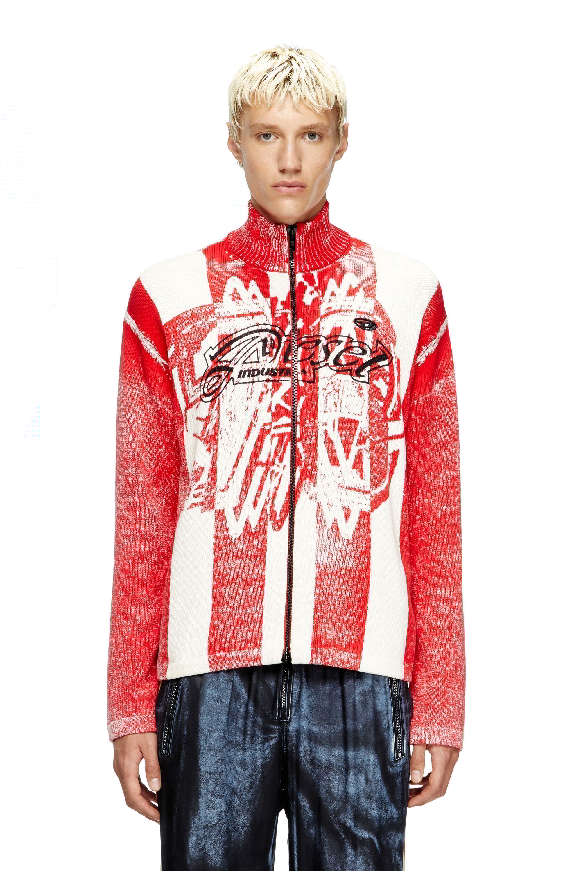 Diesel - K-OLIBA-JKT, Male's Inside-print striped zipped cardigan in レッド/ホワイト - 1