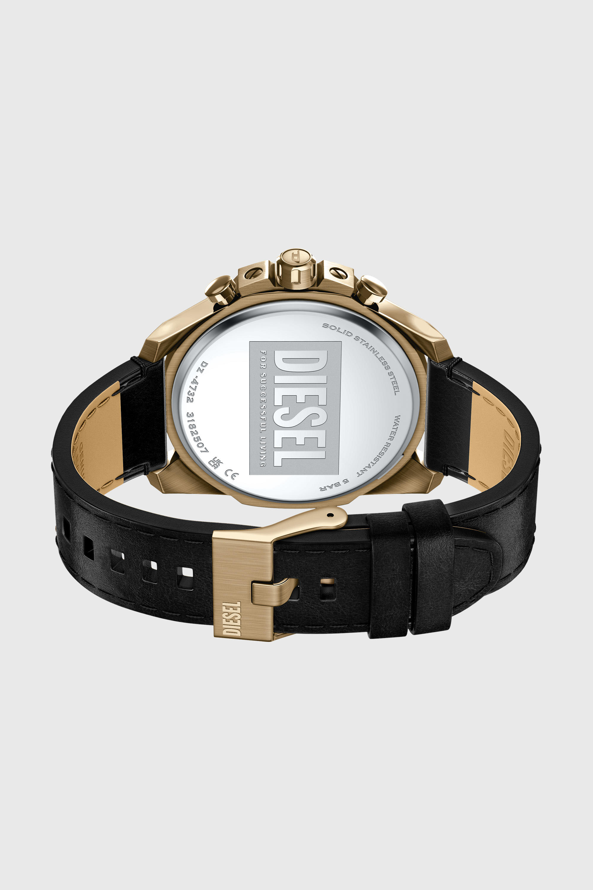 Diesel - DZ4732 WATCH, Male's Mega Chief Slim antique gold-tone black leather watch in ブラック - 5