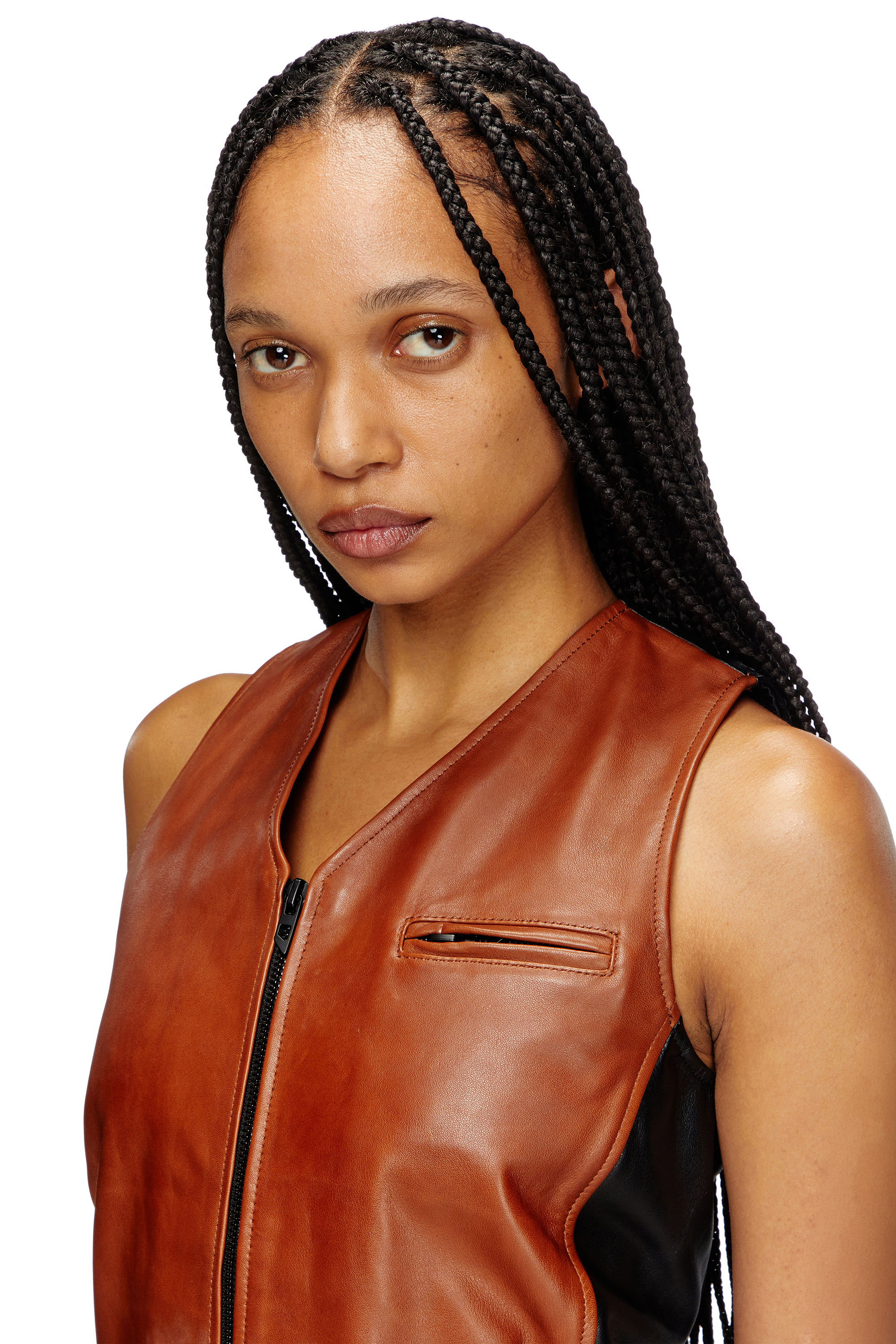 Diesel - L-USTRA, Female's Cropped colour-block leather vest in ブラック/ブラウン - 5