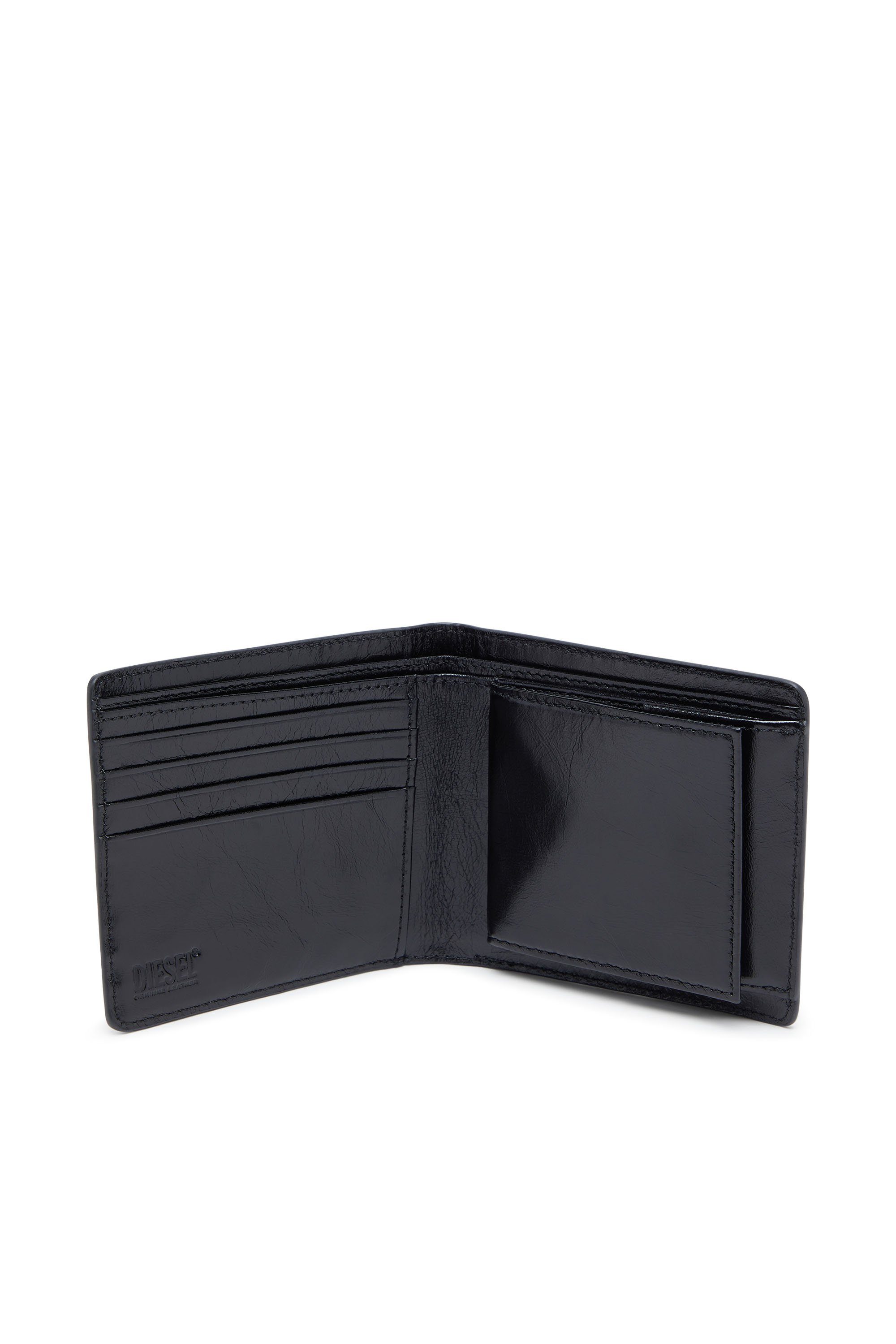 Diesel - BI-FOLD COIN S 3D, Male's Zweifach zusammenklappbare Geldbörse aus Leder mit geprägtem Kettenmuster und Oval-D-Logo auf der Vorderseite. Das Modell verfügt über ein Münzfach innen, fünf Kartenfächer und ein Geldscheinfach. in ブラック - 3