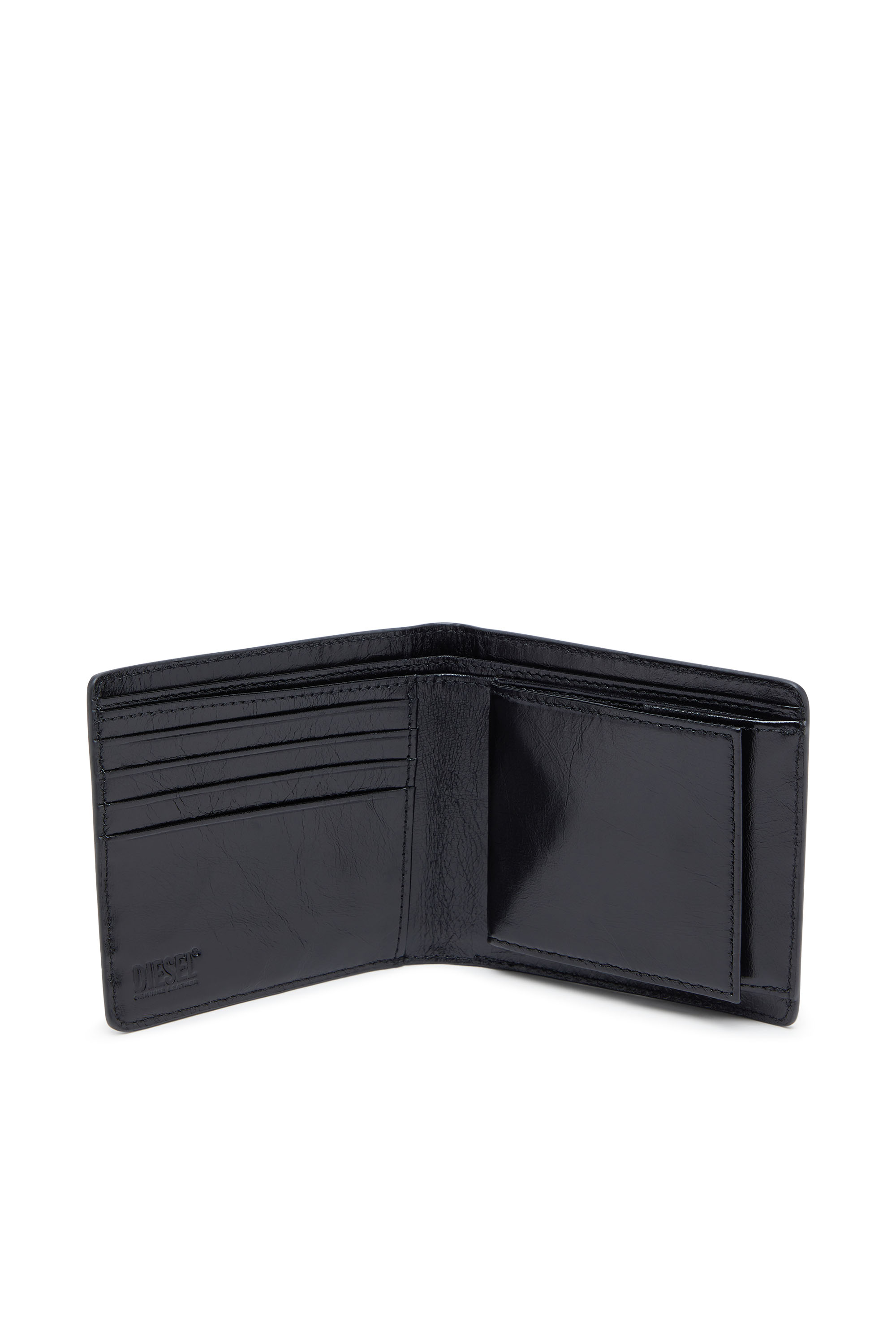 Diesel - BI-FOLD COIN S 3D, Male's Zweifach zusammenklappbare Geldbörse aus Leder mit geprägtem Kettenmuster und Oval-D-Logo auf der Vorderseite. Das Modell verfügt über ein Münzfach innen, fünf Kartenfächer und ein Geldscheinfach. in ブラック - 3