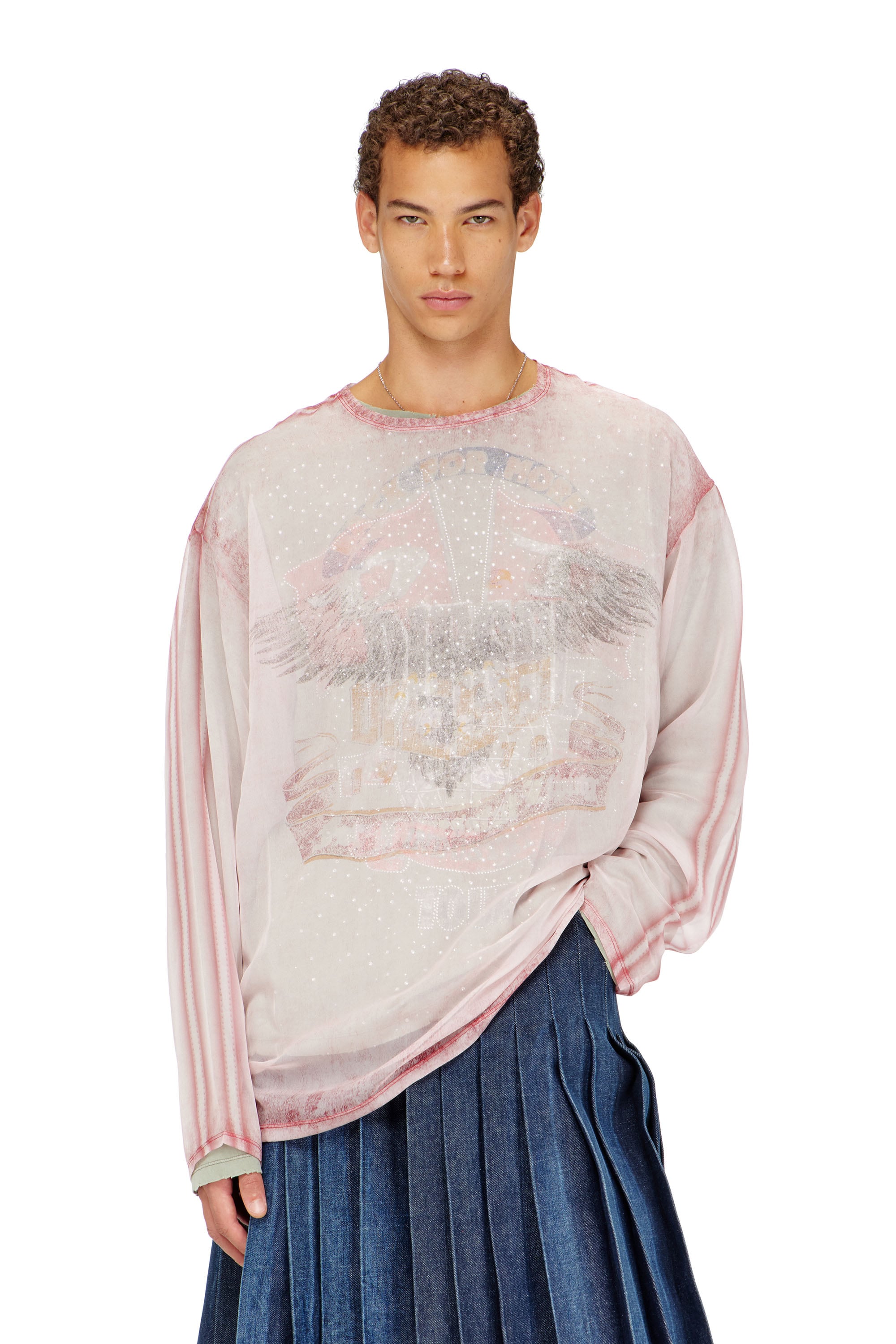 Diesel - T-DOUBLEX-LS, Male's Sheer chiffon top with concert graphics in レッド - 3