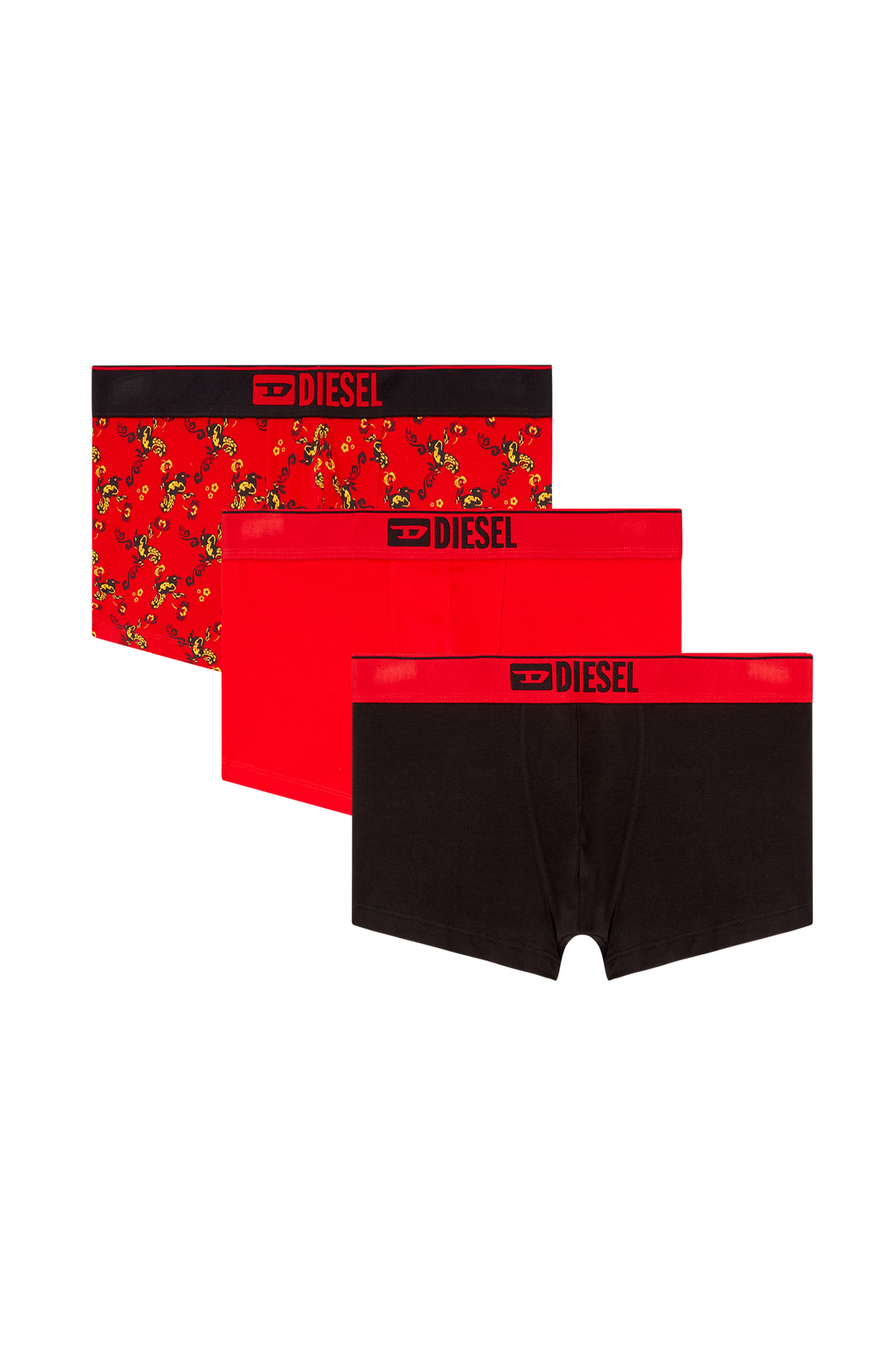 Diesel - UMBX-DAMIENTHREEPACK, Male's Dreierpack Herren-Boxershorts aus Baumwolle mit Elasthan für Flexibilität, ausgestattet mit einem weichen Bund mit kontrastierendem Diesel-Logo und Flatlock-Nähten für ein glattes Finish. Enthält ein Paar mit Allover-Pferdeprint und zwei unifarbene Varianten. in レッド - 2