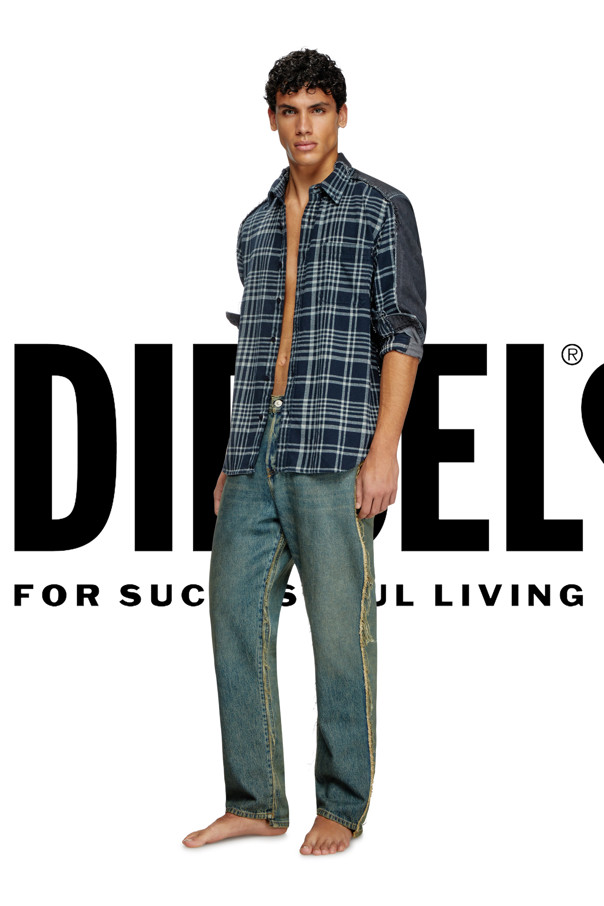 Diesel - Shirt Dieseloves 6B, Unisex's Overdyed check and denim shirt in ブルー/ブラック - 1