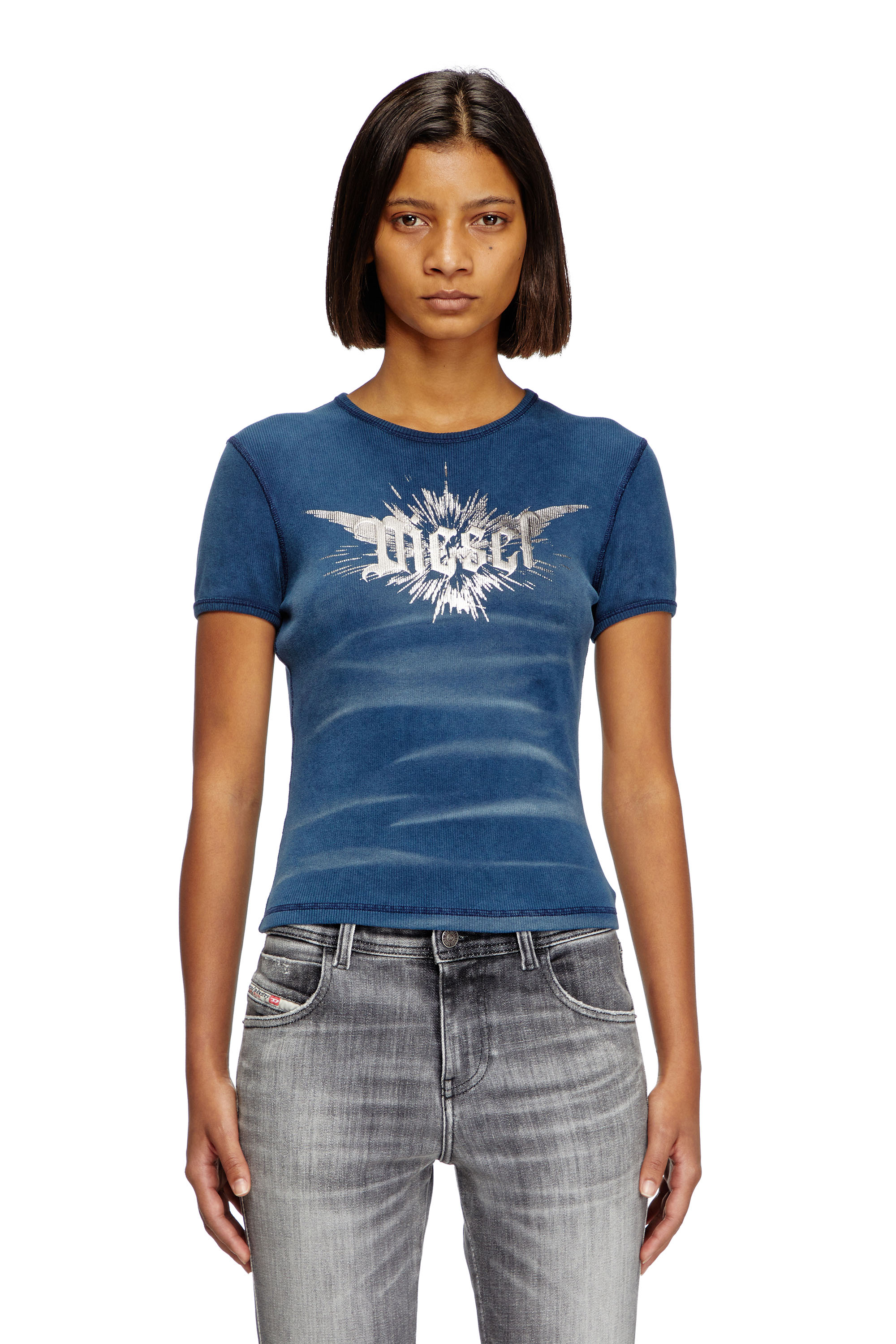 Diesel - T-ELE-LONG-P2, Female's T-shirt with winged Diesel foil print in ブルー - 3