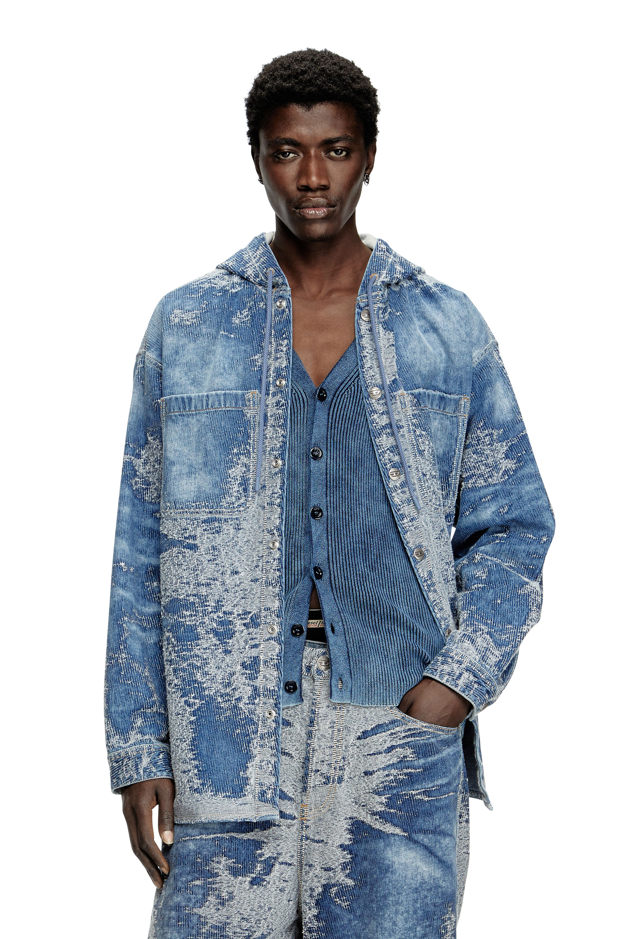 Diesel - D-DEWNYS-HOOD-S, Male's Overshirt in distressed jacquard denim in ミディアムブルー - 3