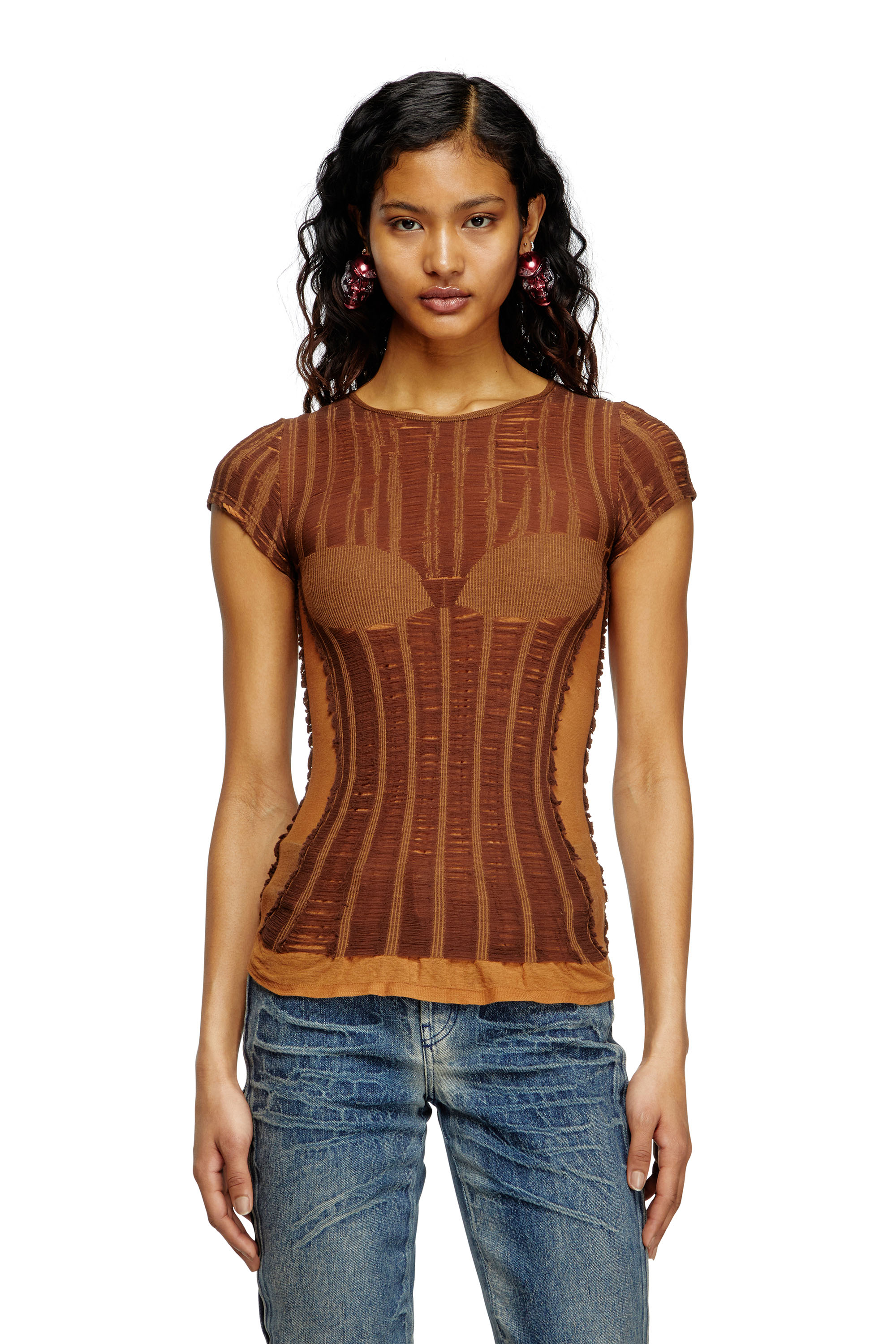 Diesel - M-CALAI-SS, Female's Seamless T-shirt with lingerie illusion in ブラウン - 1