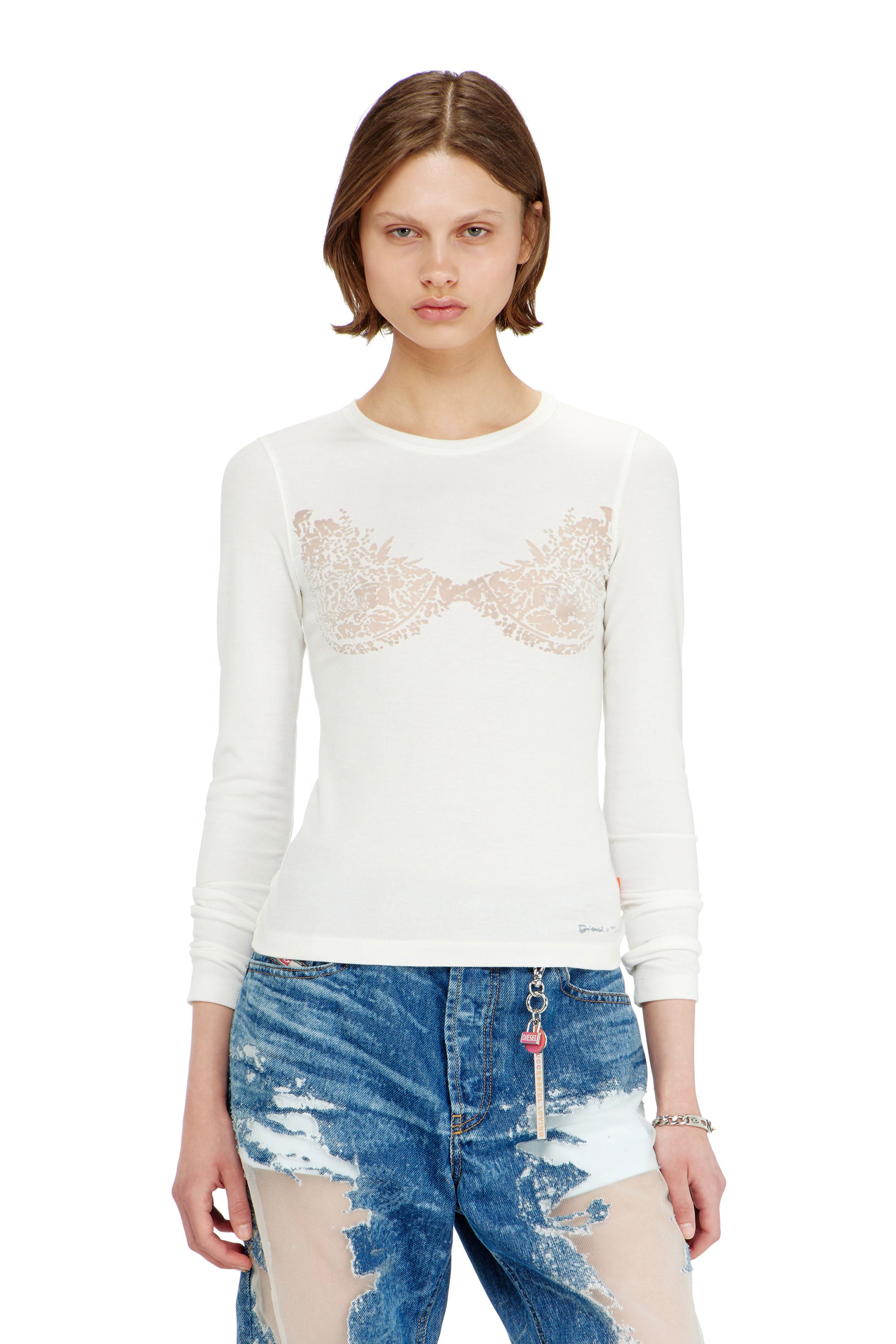Diesel - PR-T-MOKKI-LS-R, Female's Top with devor&eacute; lace effect in ホワイト - 1