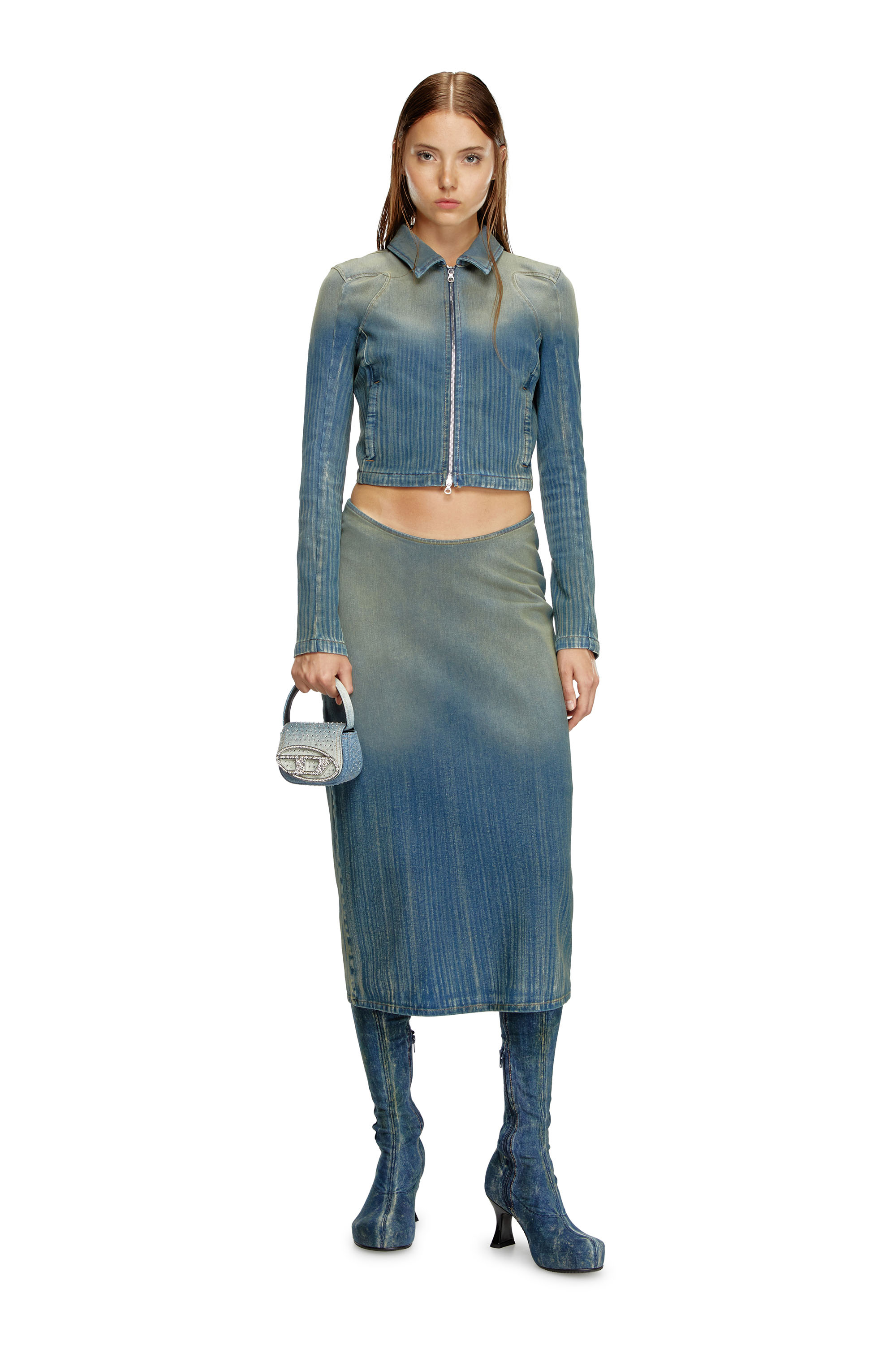 Diesel - DE-SILEN-S, Female's Cropped jacket in light streaky denim in ミディアムブルー - 2