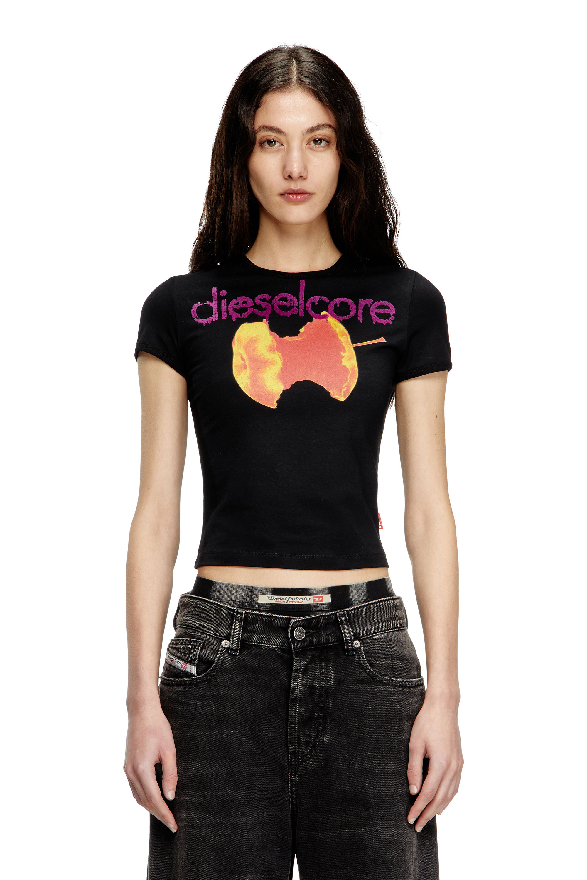 Diesel - T-UNCUTIES-SHORT-Q2, Female's T-shirt with Diesel Core logo in ブラック - 1