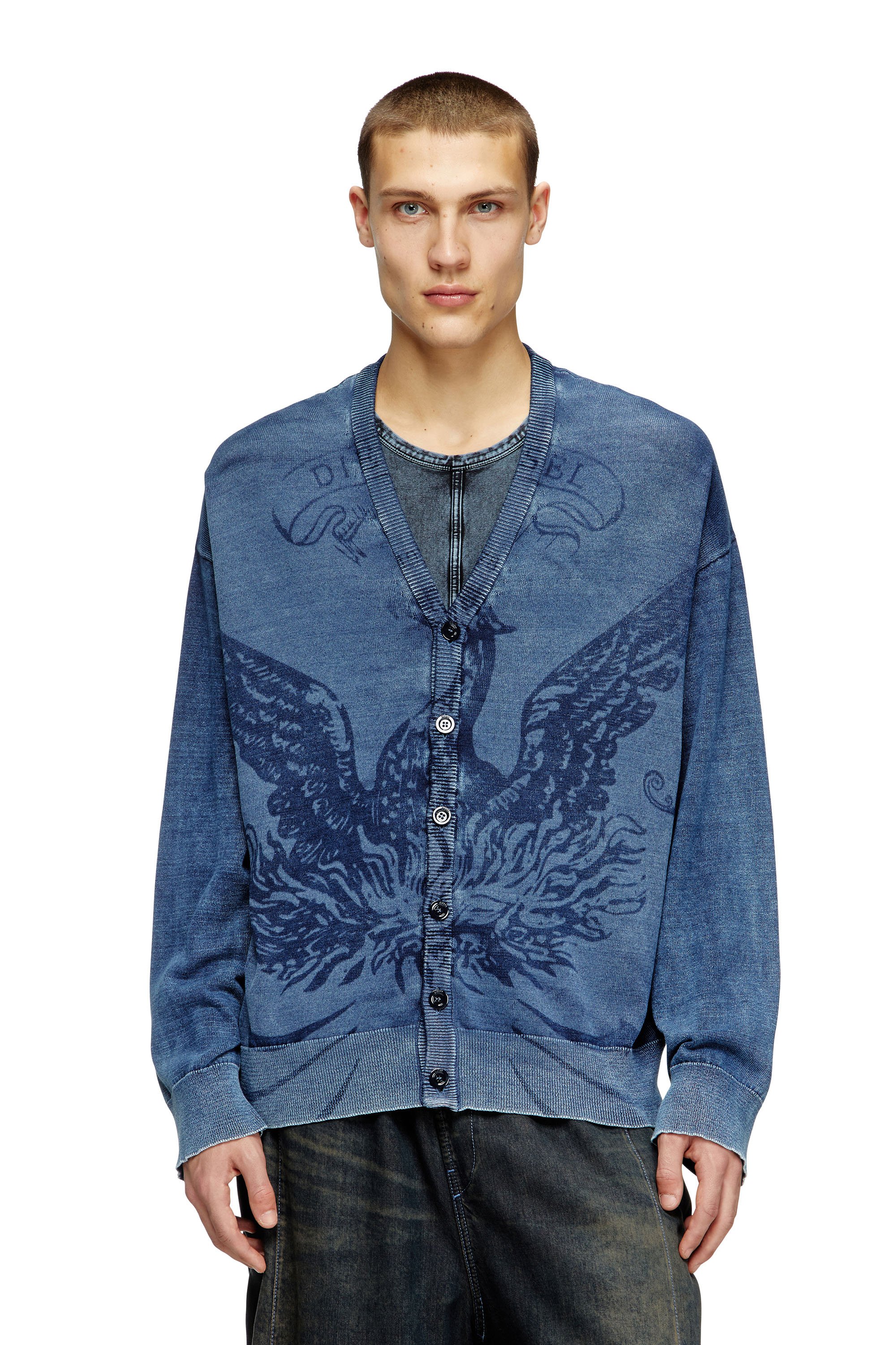 Diesel - K-FENICAR, Male's Indigo cardigan with Phoenix logo in ブルー - 1