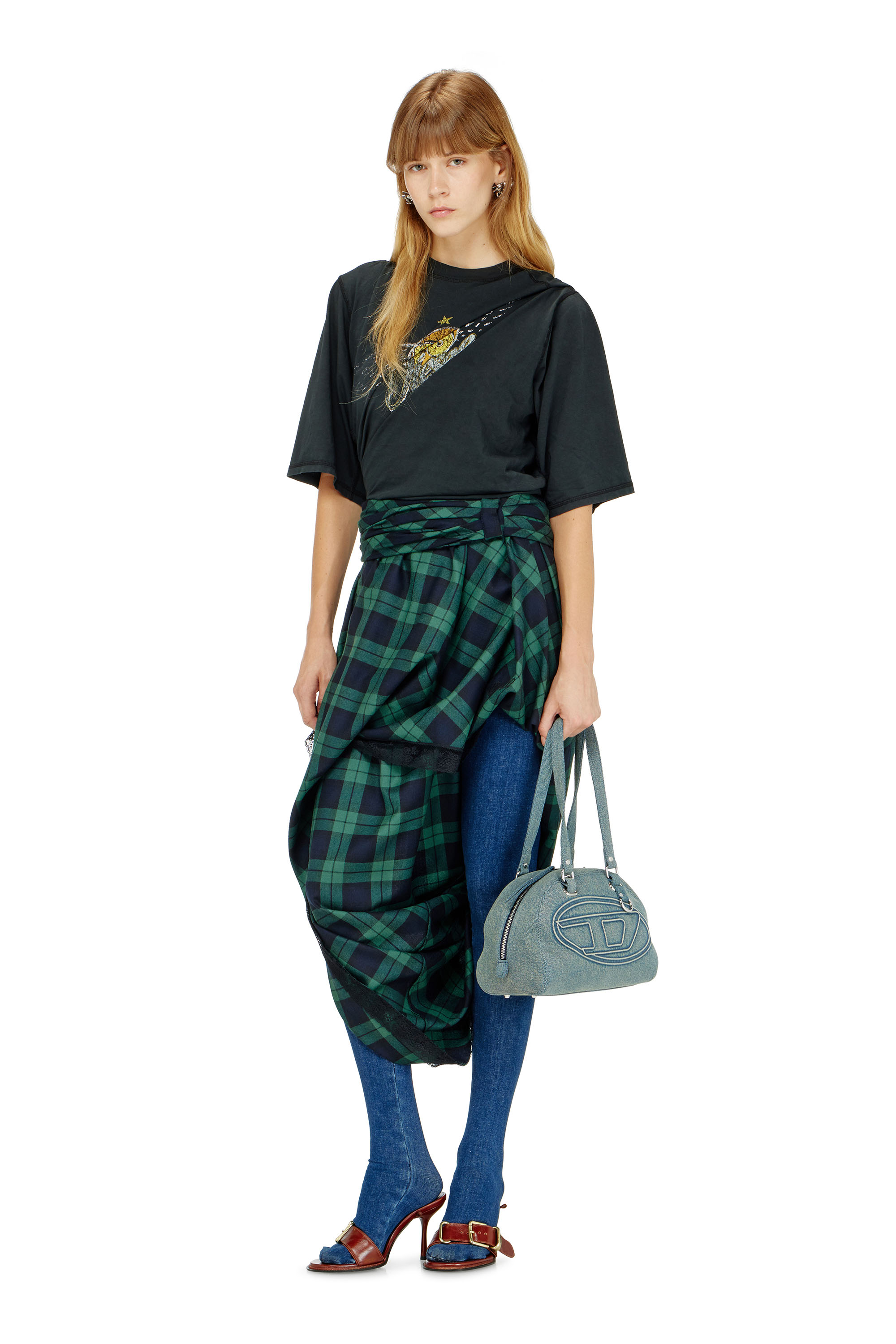 Diesel - O-WINNY, Female's Draped tartan midi skirt with lace trim in グリーン/ブルー - 1