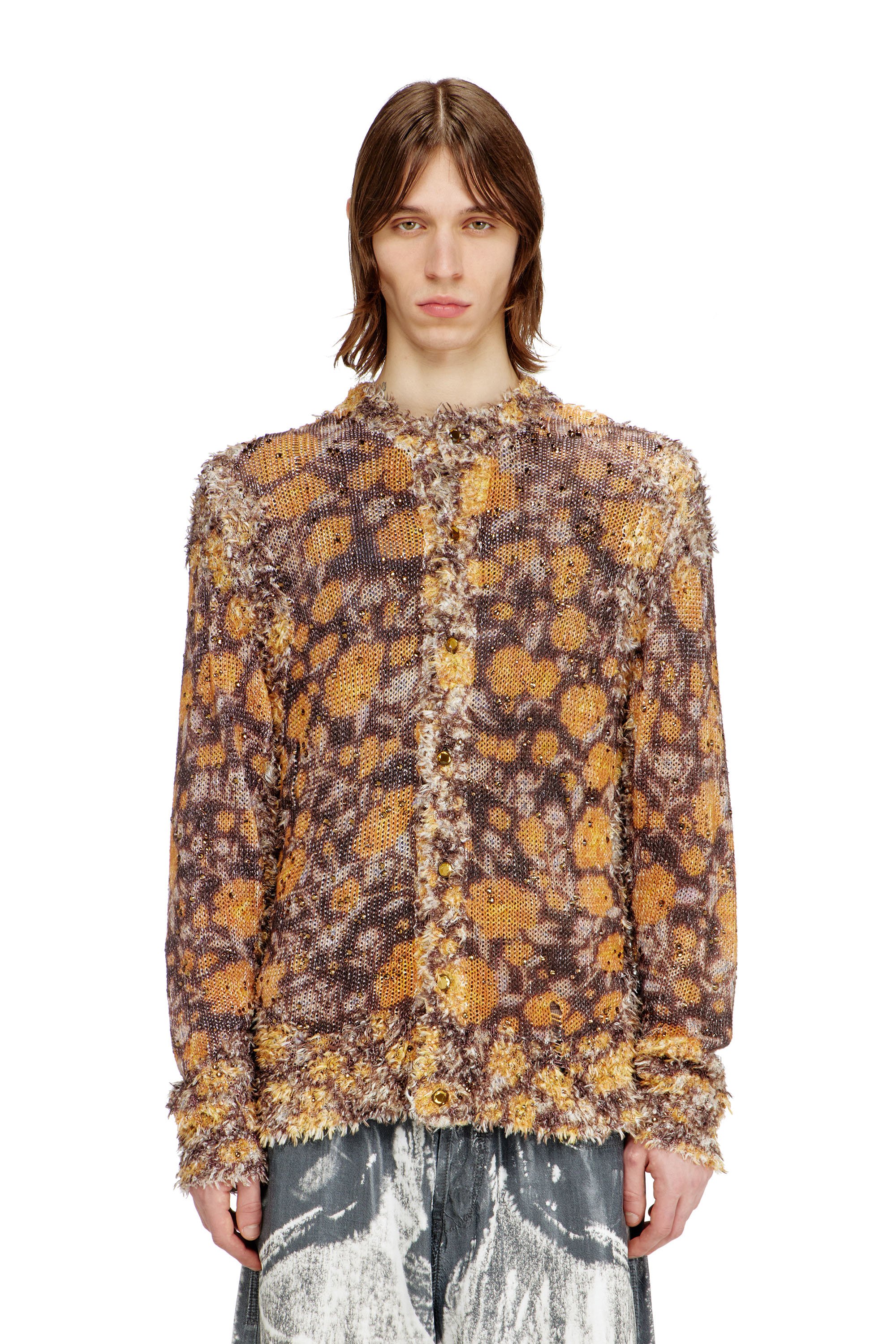 Diesel - K-LINNUS, Male's Printed linen-blend cardigan with crystals in ブラウン/オレンジ - 1