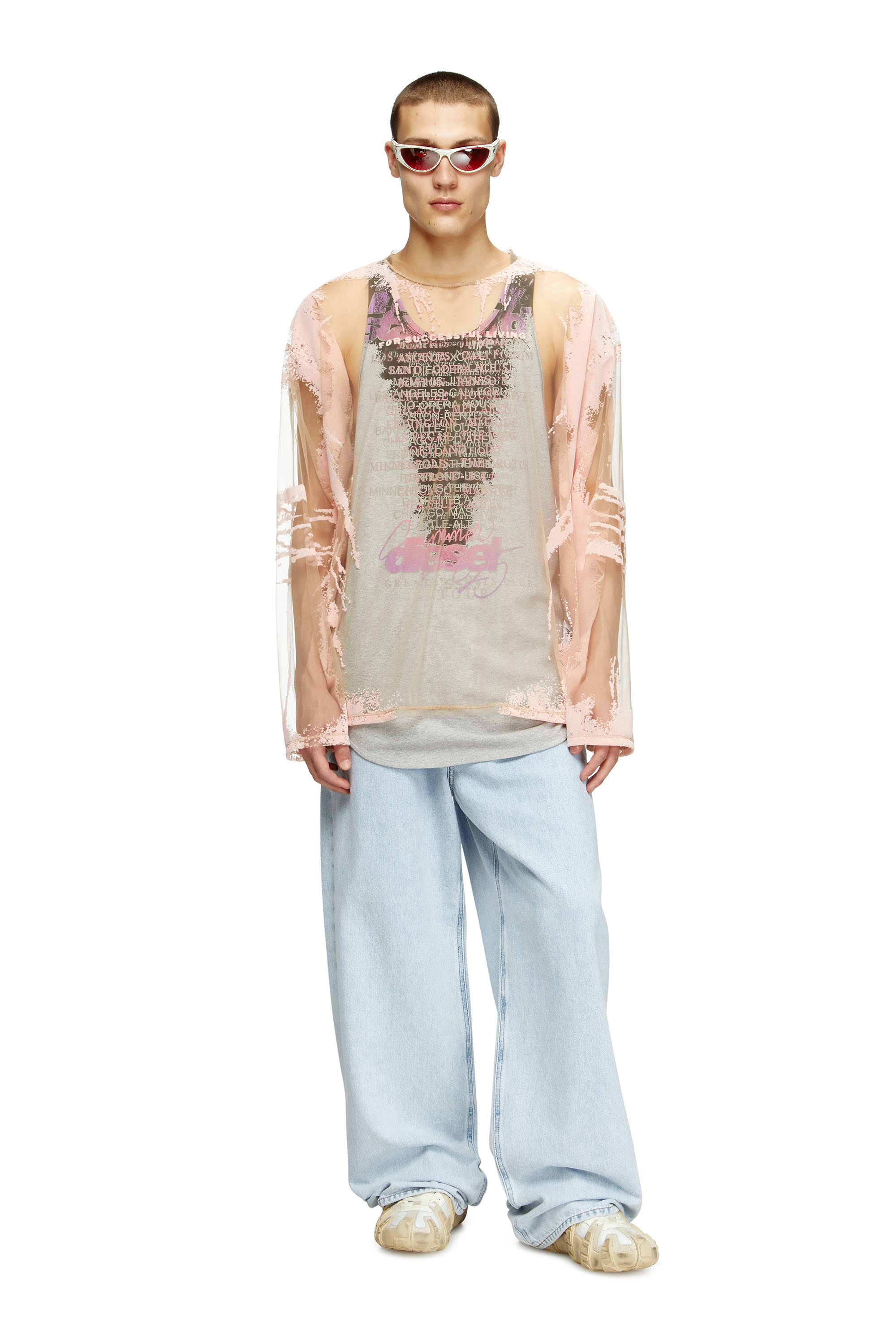 Diesel - T-HASSAN-LS-A, Unisex's Long-sleeve nylon T-shirt with lyrics print in ピンク / ホワイト - 1