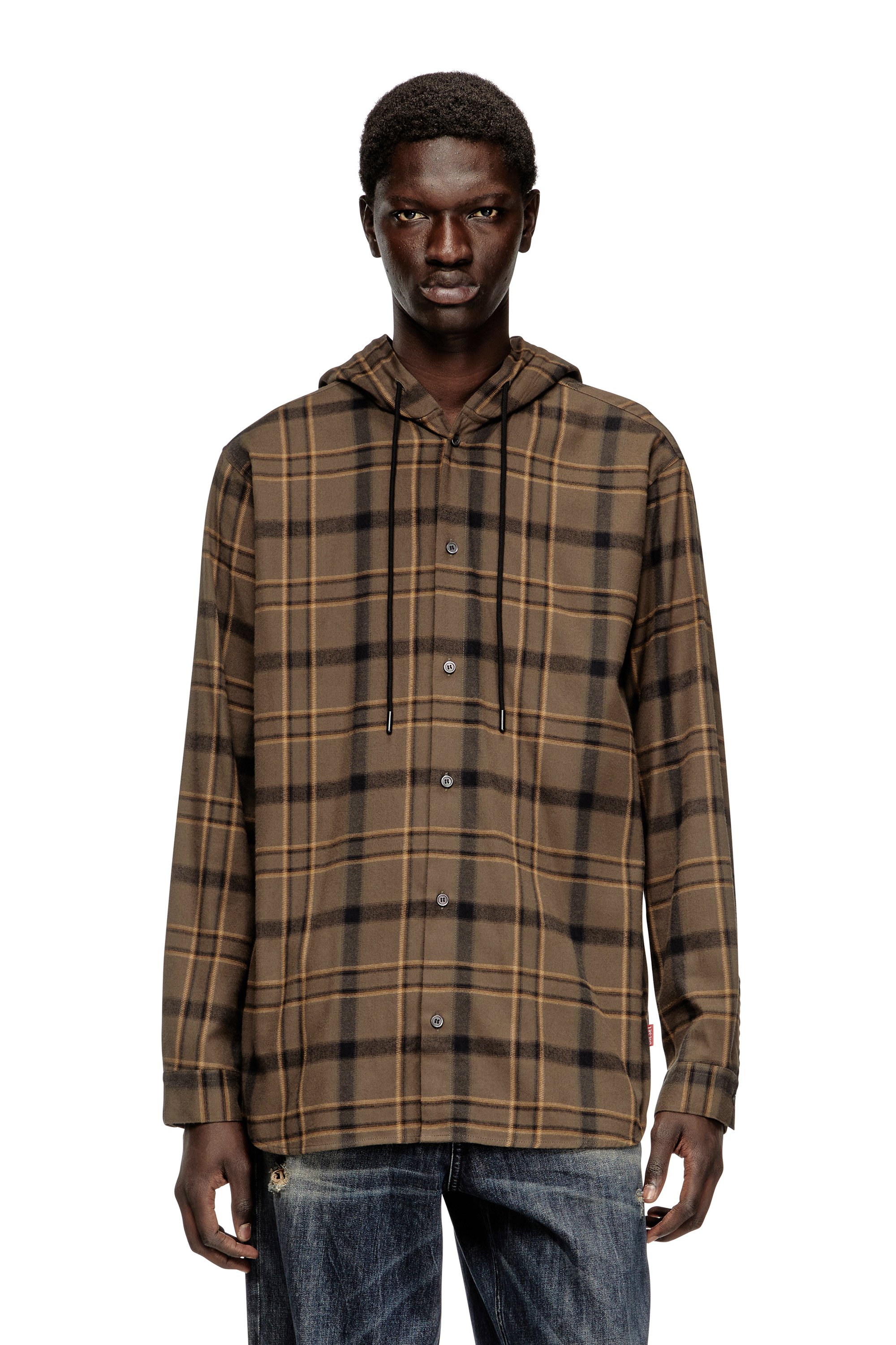 Diesel - S-IX, Male's Hooded shirt in check flannel with logo in ブラウン - 1