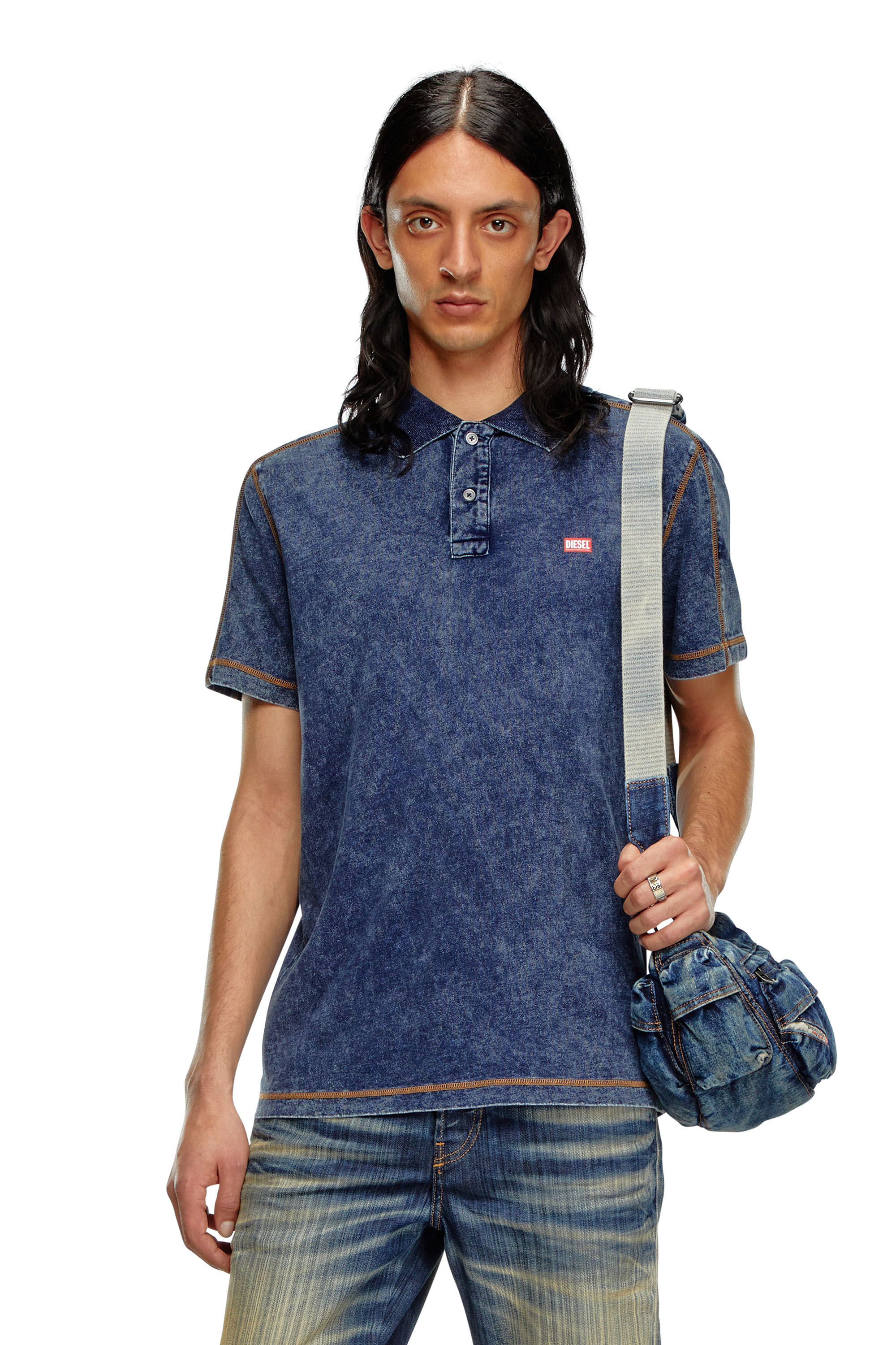 Diesel - T-SWIND, Male's Polo shirt in denim-effect jersey in ブルー - 1