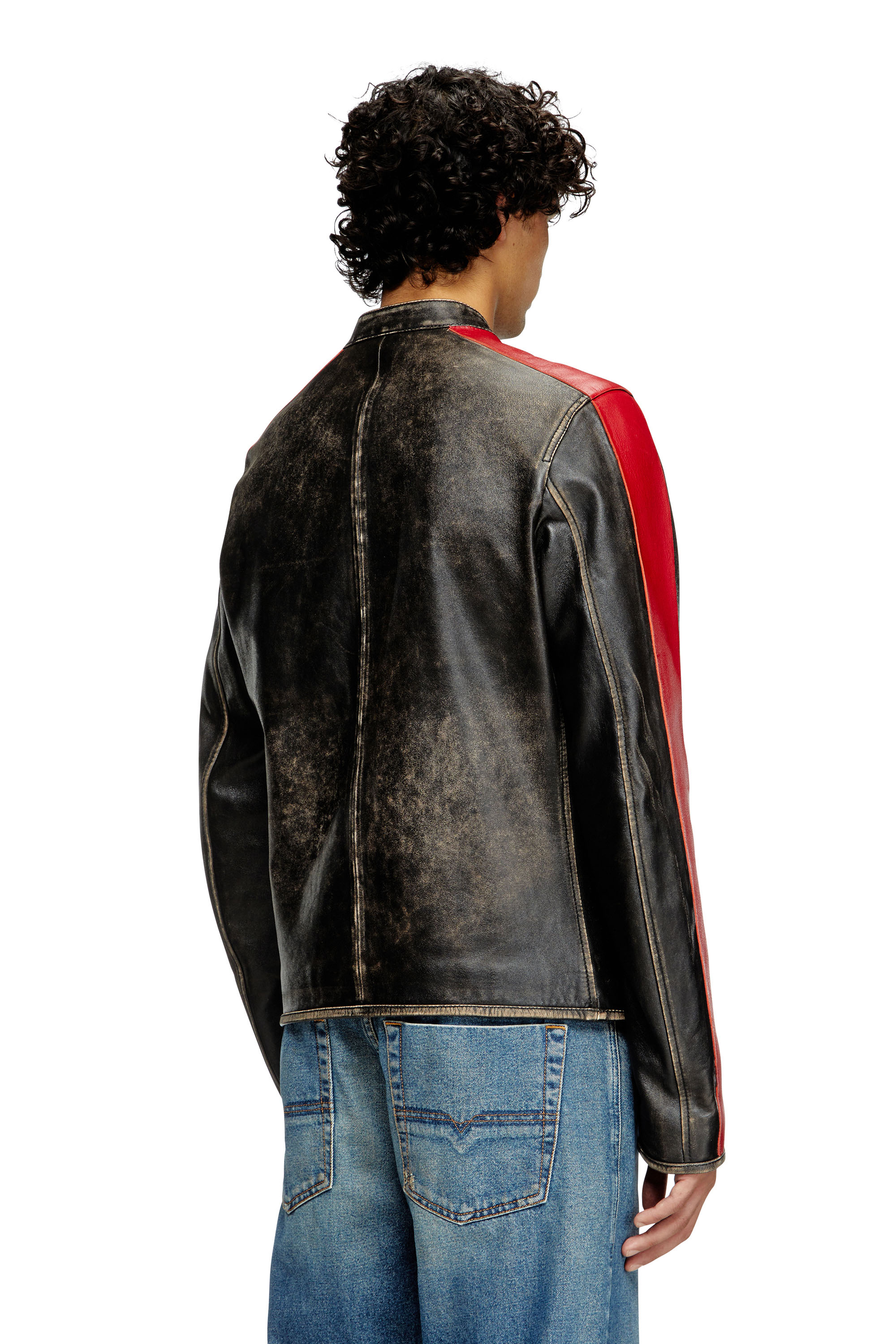 Diesel - L-RENN, Male's Leather jacket with contrasting stripes in ブラック/レッド - 5