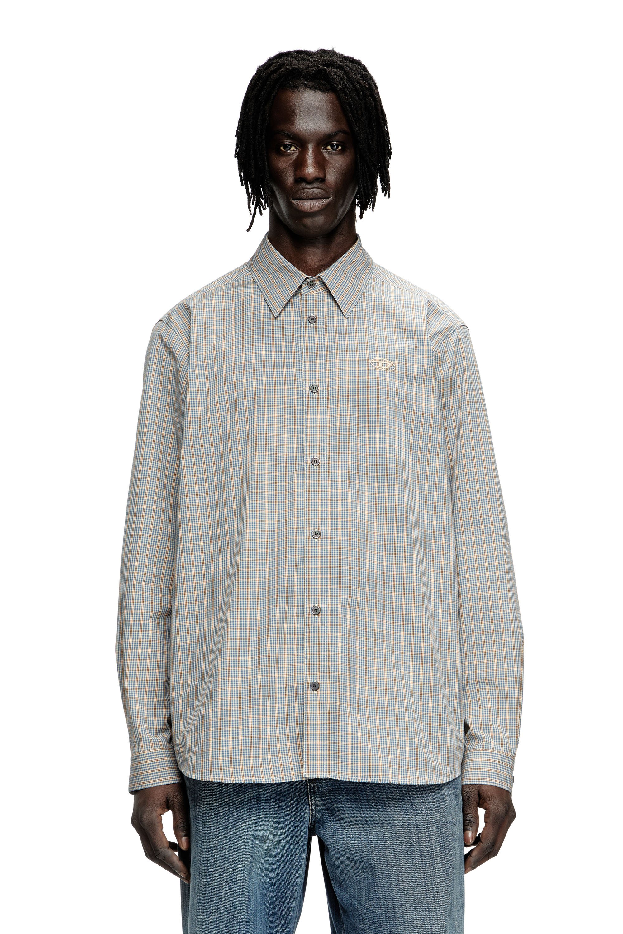 Diesel - S-SIMPLY-DLBV, Male's Checked shirt with Oval D embroidery in ブラウン/グレー - 1