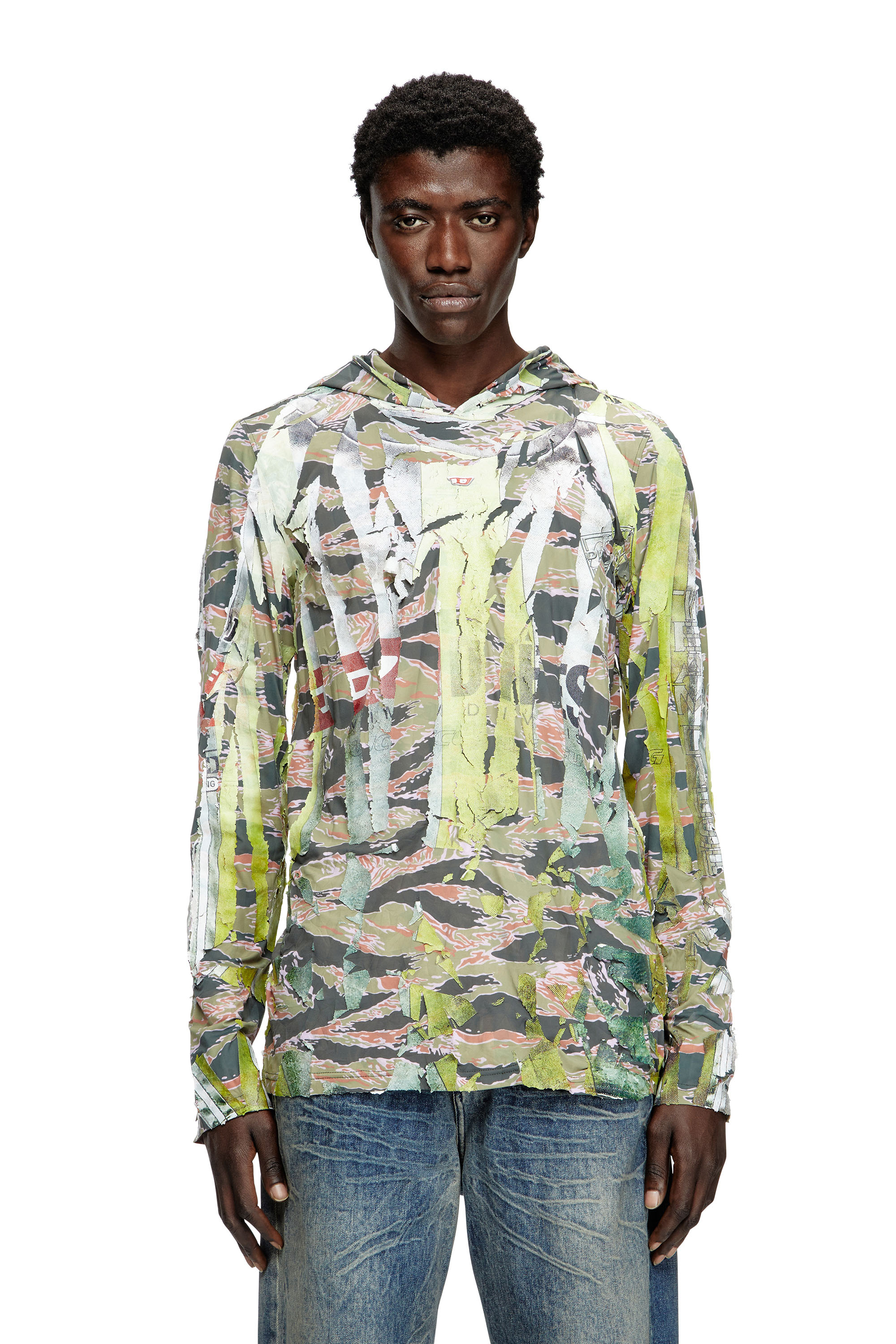 Diesel - T-GILLIS, Unisex's Camo hooded top with cracked over-print in ブラウン/グリーン - 1