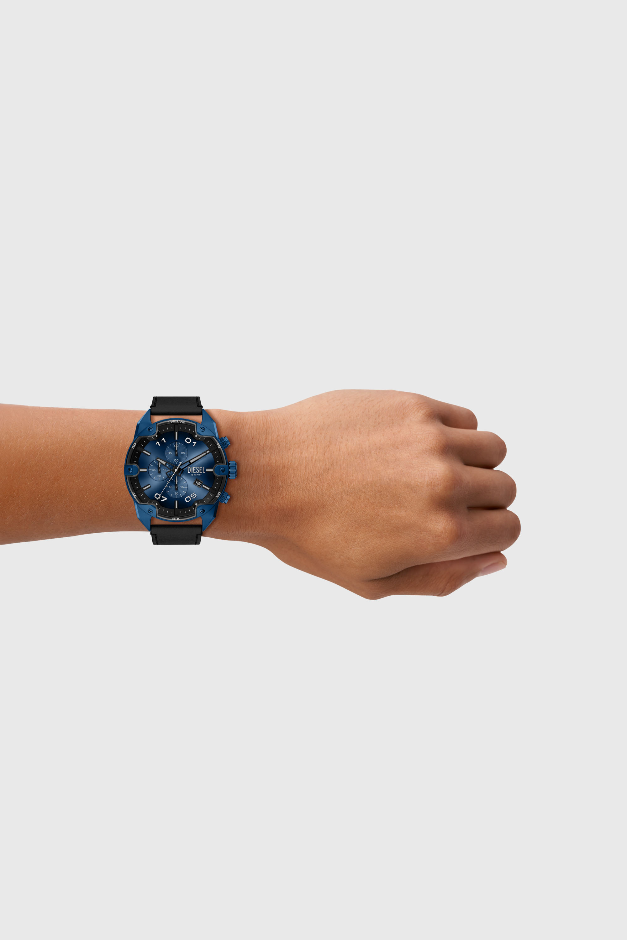 Diesel - DZ4703 WATCH, Male's Spiked Chronograph Black Leather Watch in ブラック/ブルー - 5
