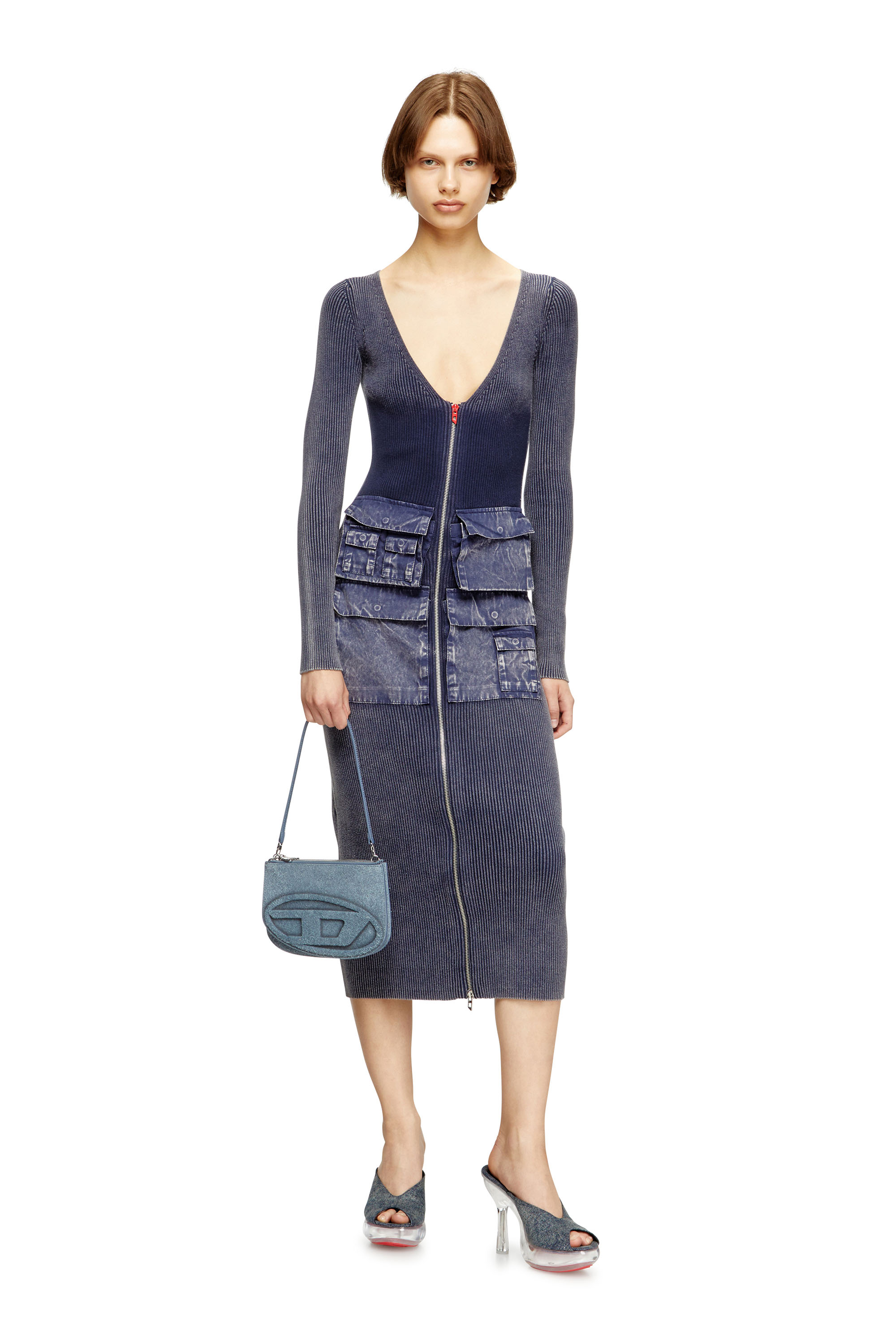 Diesel - M-MELTI-LS, Female's Ribbed midi dress with denim treatment in ブルー - 1