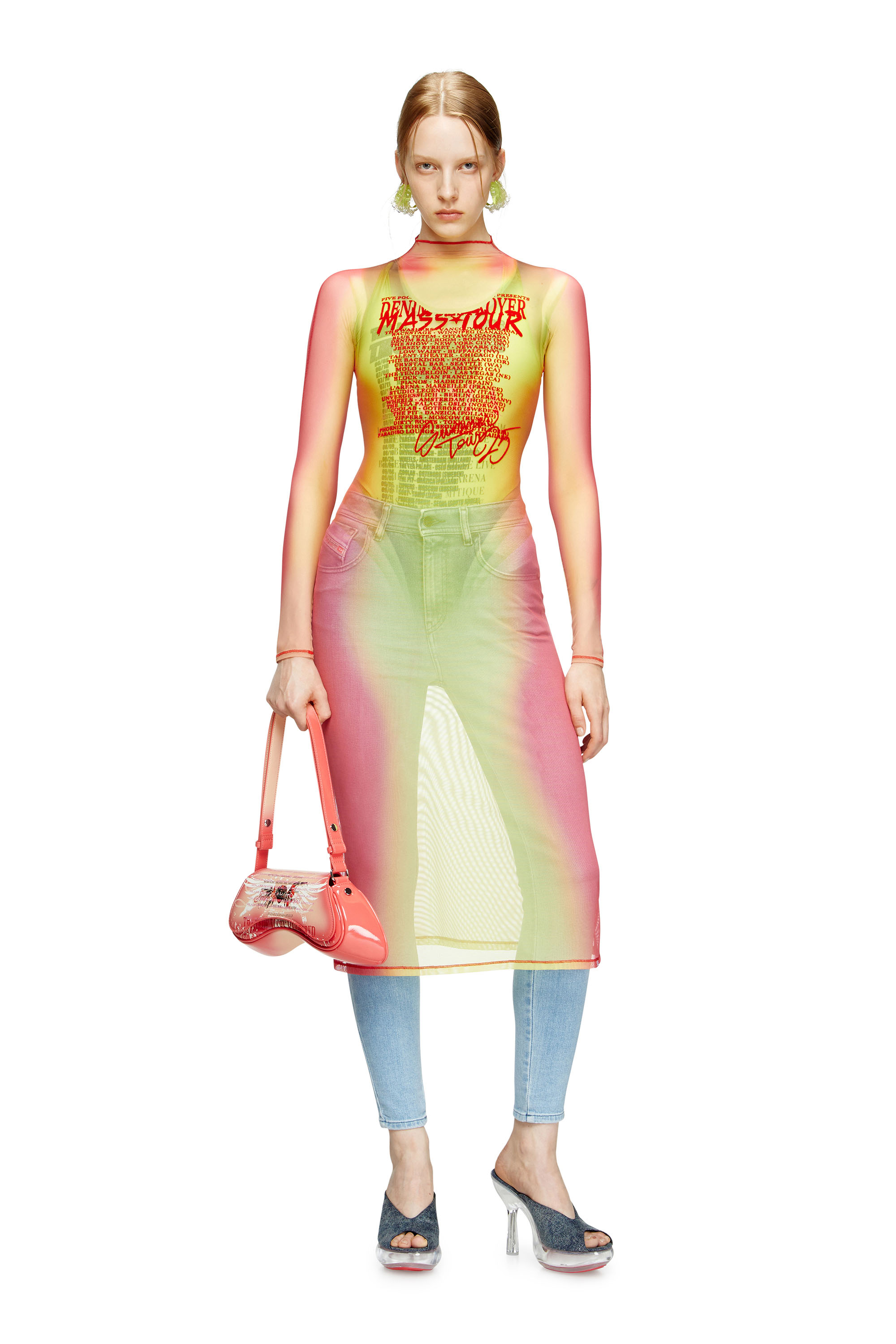 Diesel - D-AFNIC, Female's Layered midi dress with lyrics print in ピンク/グリーン - 1