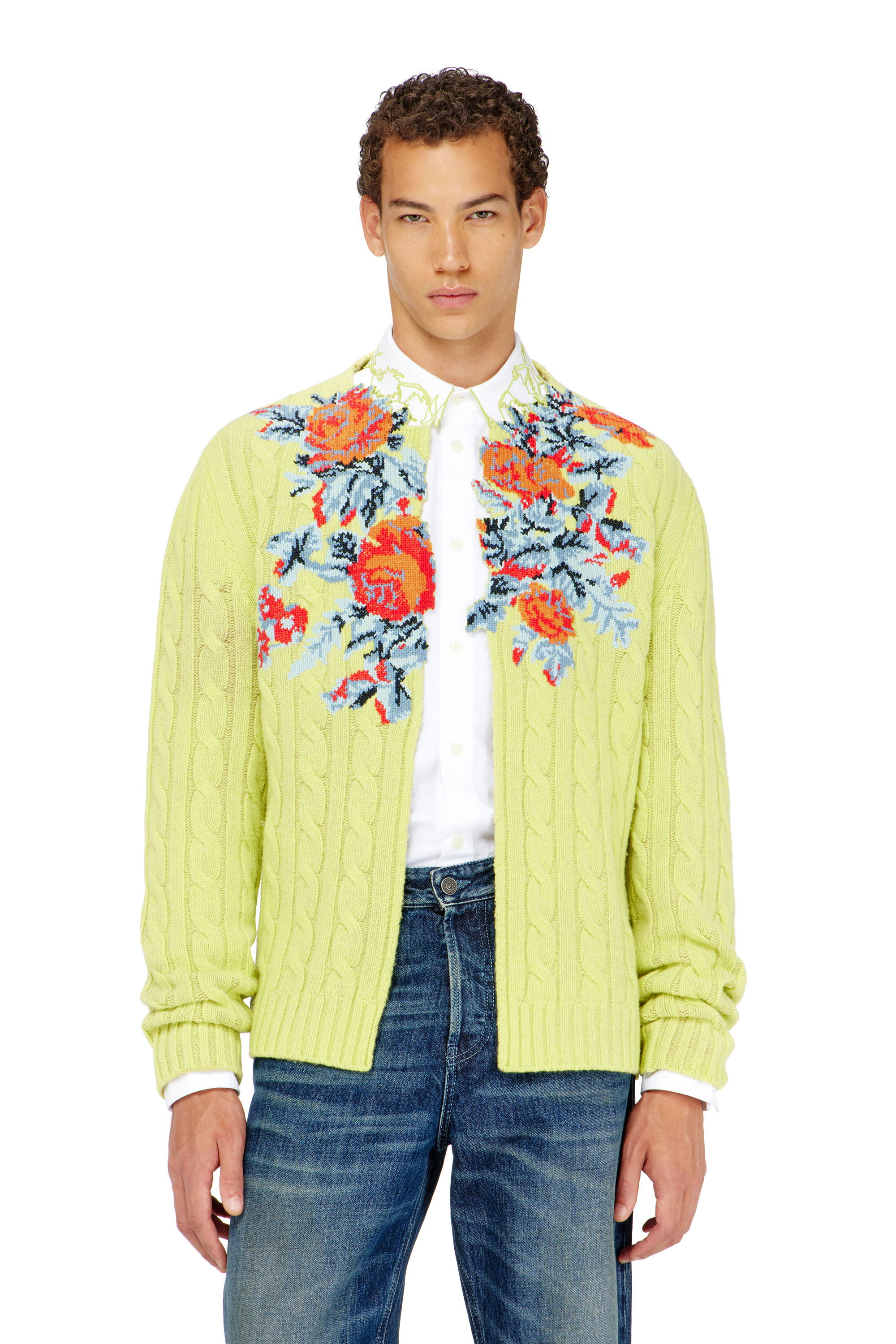 Diesel - K-RINO, Male's Open-front cardigan in floral cable knit in 蛍光グリーン - 3