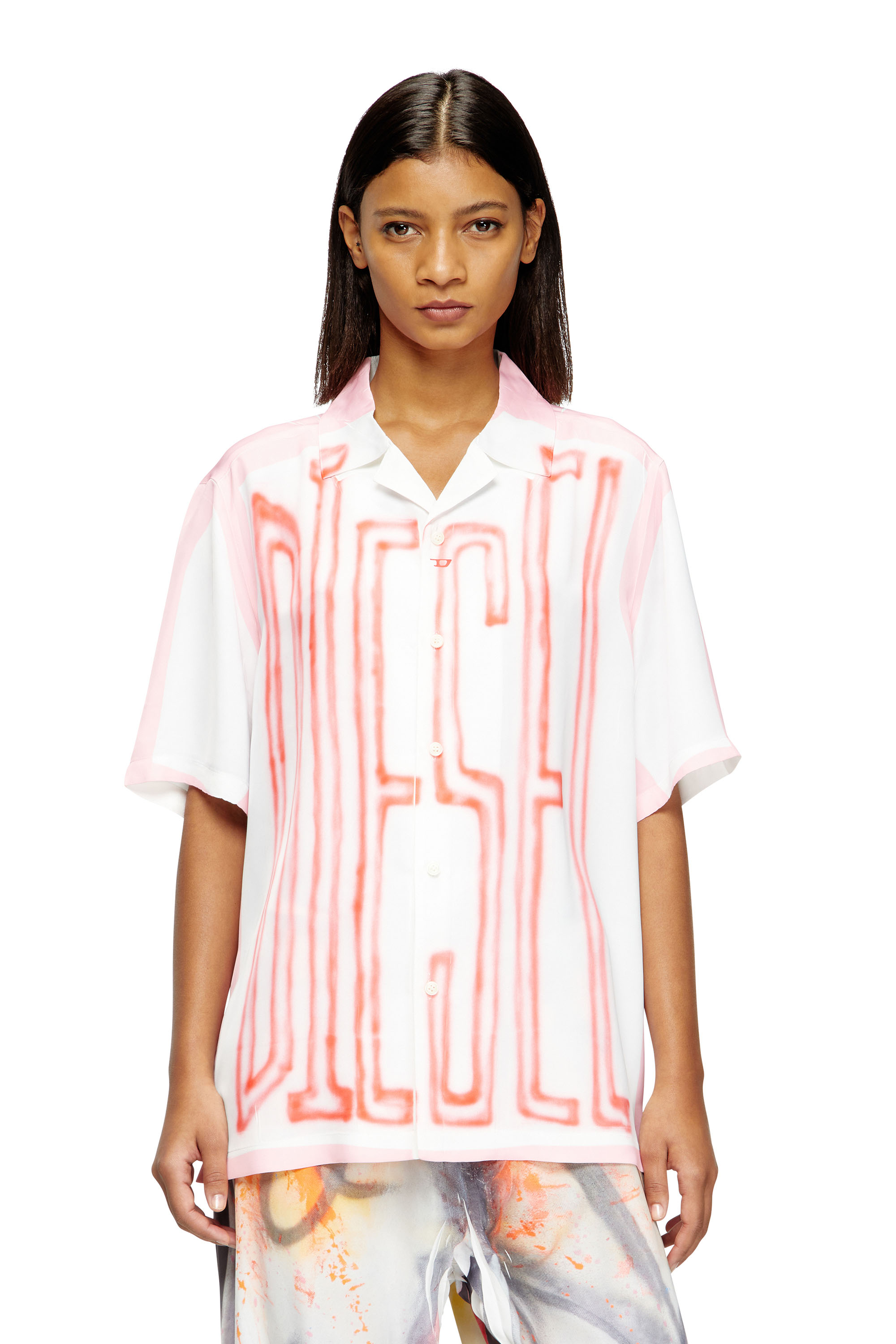 Diesel - C-PAROSHORT-GRAFFITI-FRA, Unisex's Satin bowling shirt with graffiti logo in ピンク/ホワイト - 5