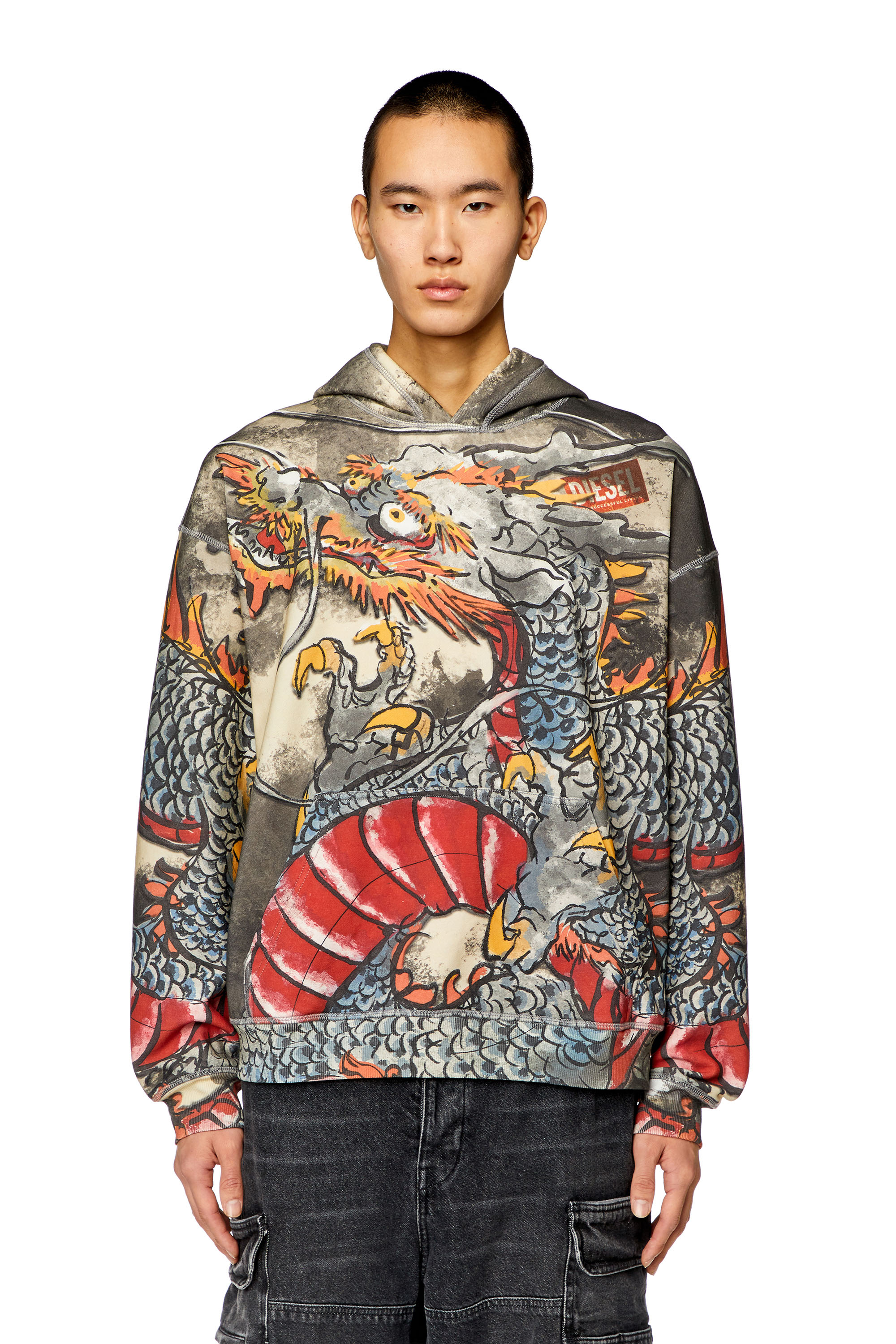 Diesel - CL-S-BOXT-HOOD-DRAGON, Unisex's Hoodie with Dragon print in ブラック/グレー - 6