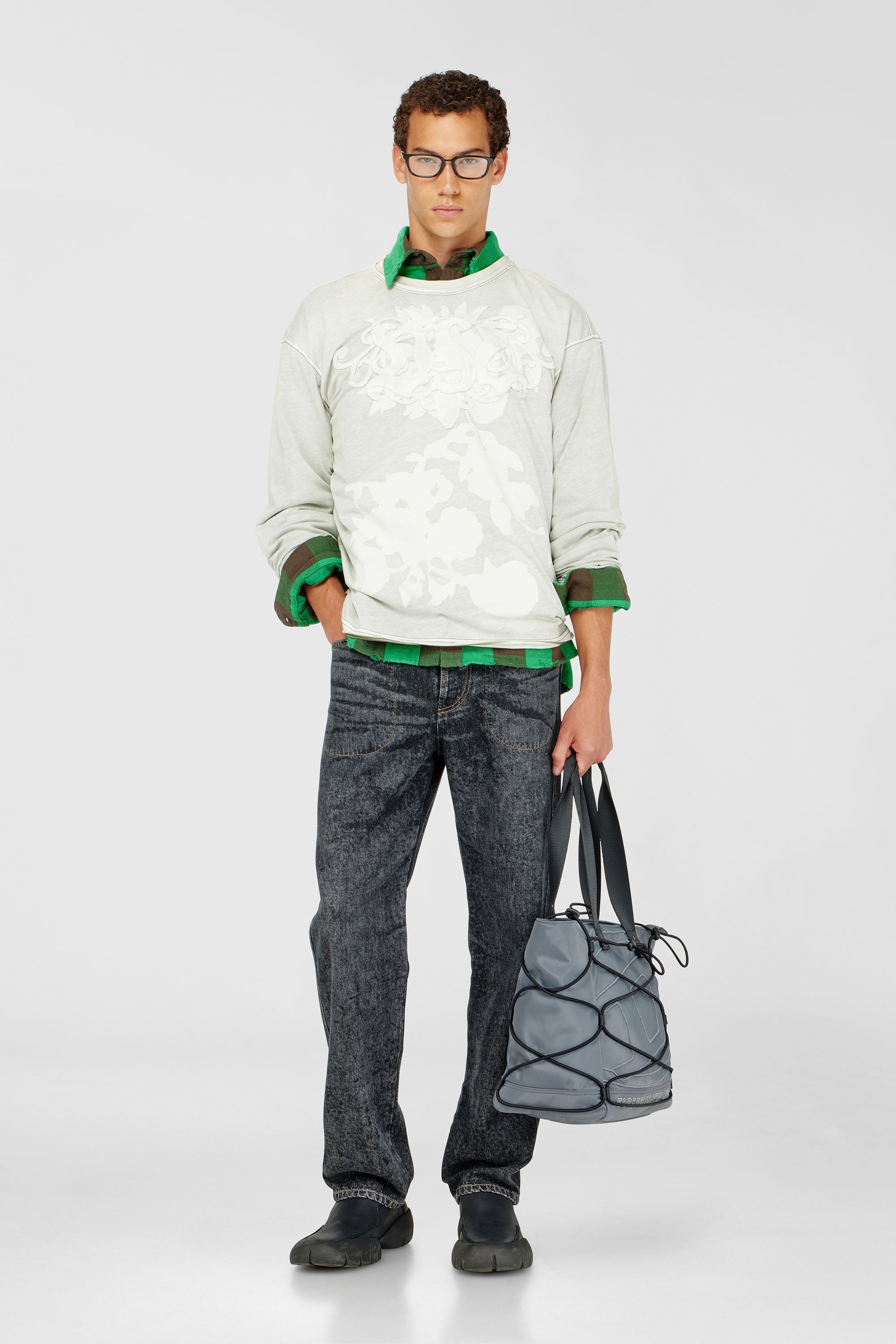 Diesel - T-RIVY-LS, Male's 長袖Tシャツ in グレー/ホワイト - 2