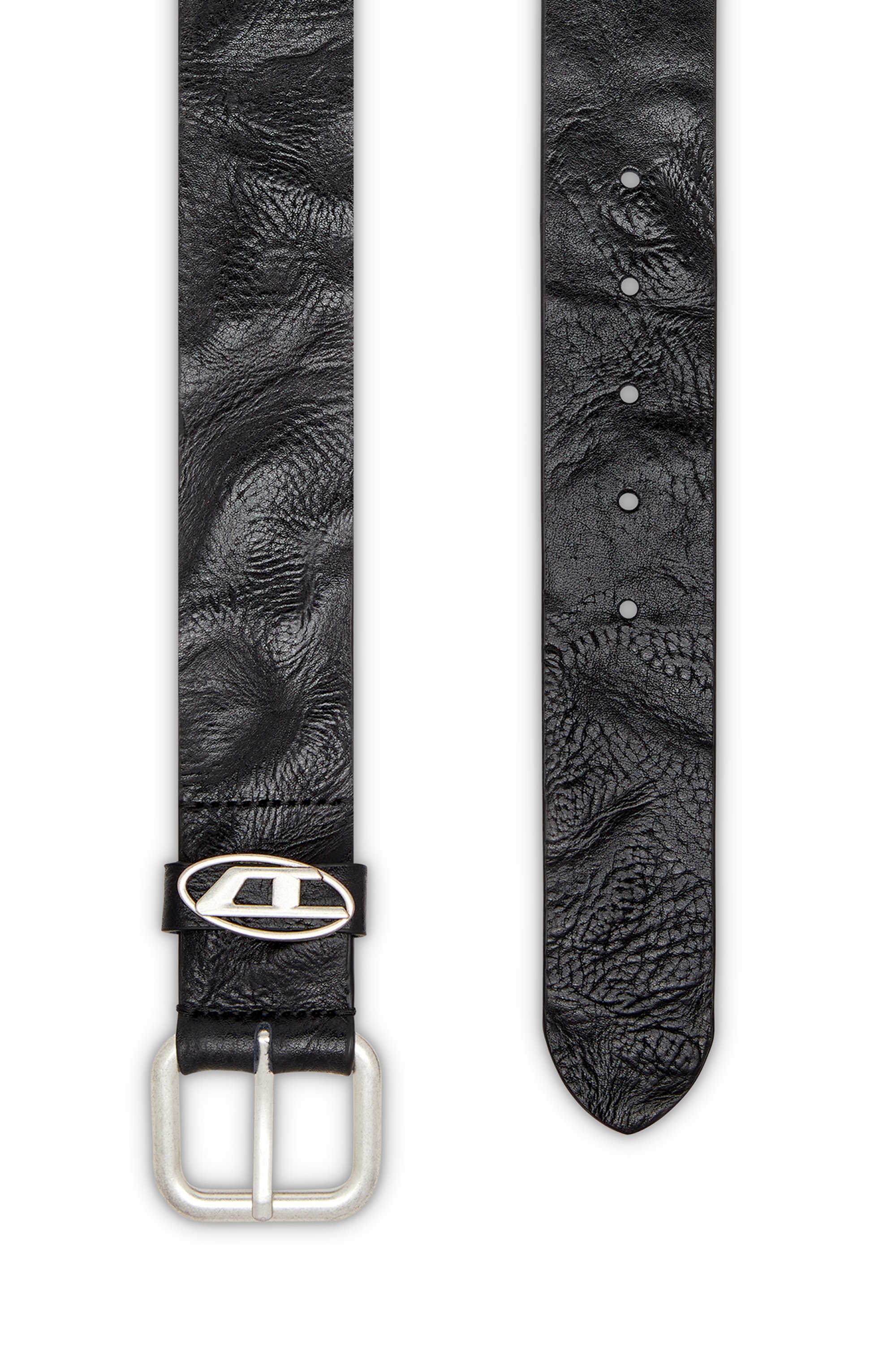 Diesel - B-1DR OVAL D LOOP, Unisex's Logo-plaque wrinkled leather belt in ブラック - 2